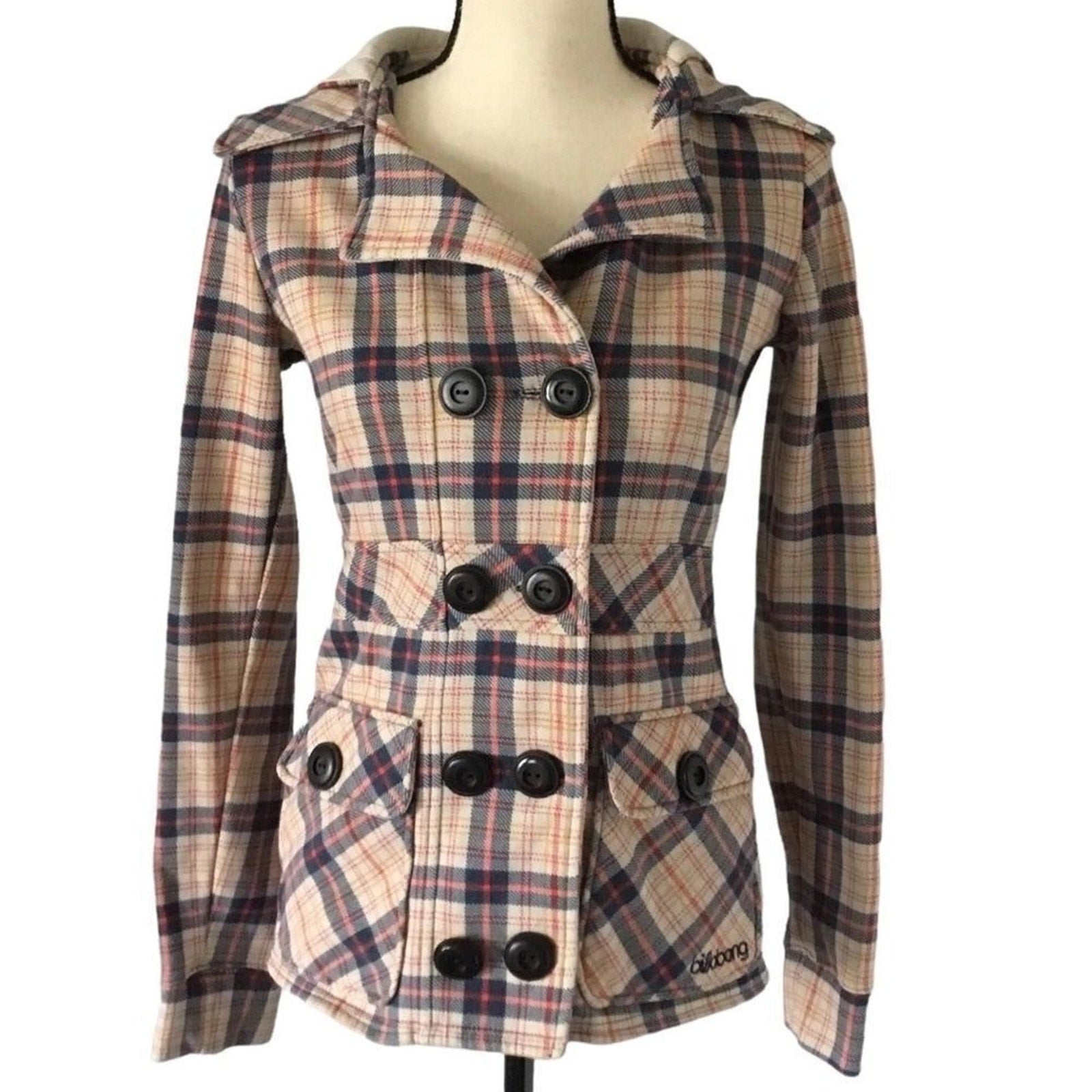 Billabong Jacket Hoodie Plaid Peacoat Cozy Double Button Y2K - small