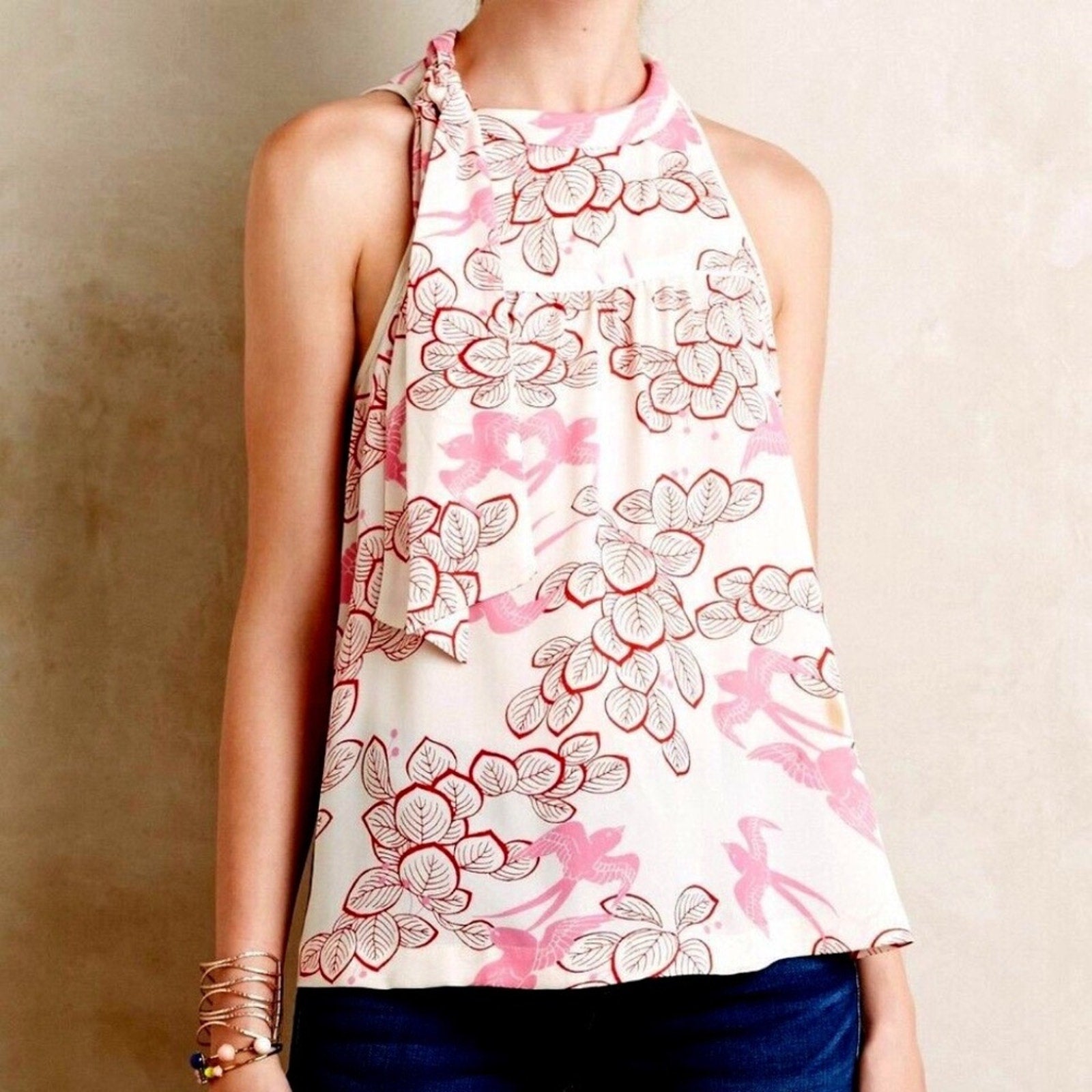 Maeve Anthropologie Elata Pink Bird Floral Leaf Print Sleeveless Blouse - size 0
