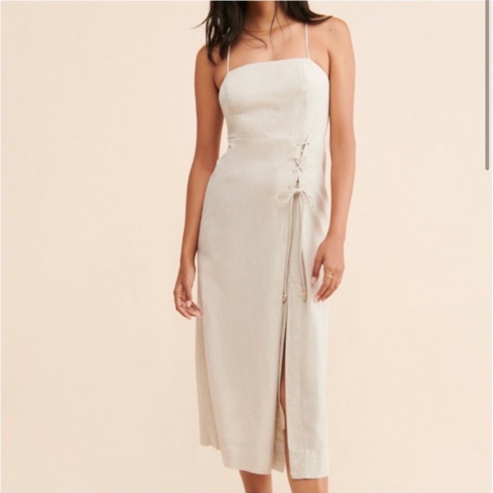 NWT Free People Francesca Midi Dress Ocean Pearl Ivory Linen size Small $108