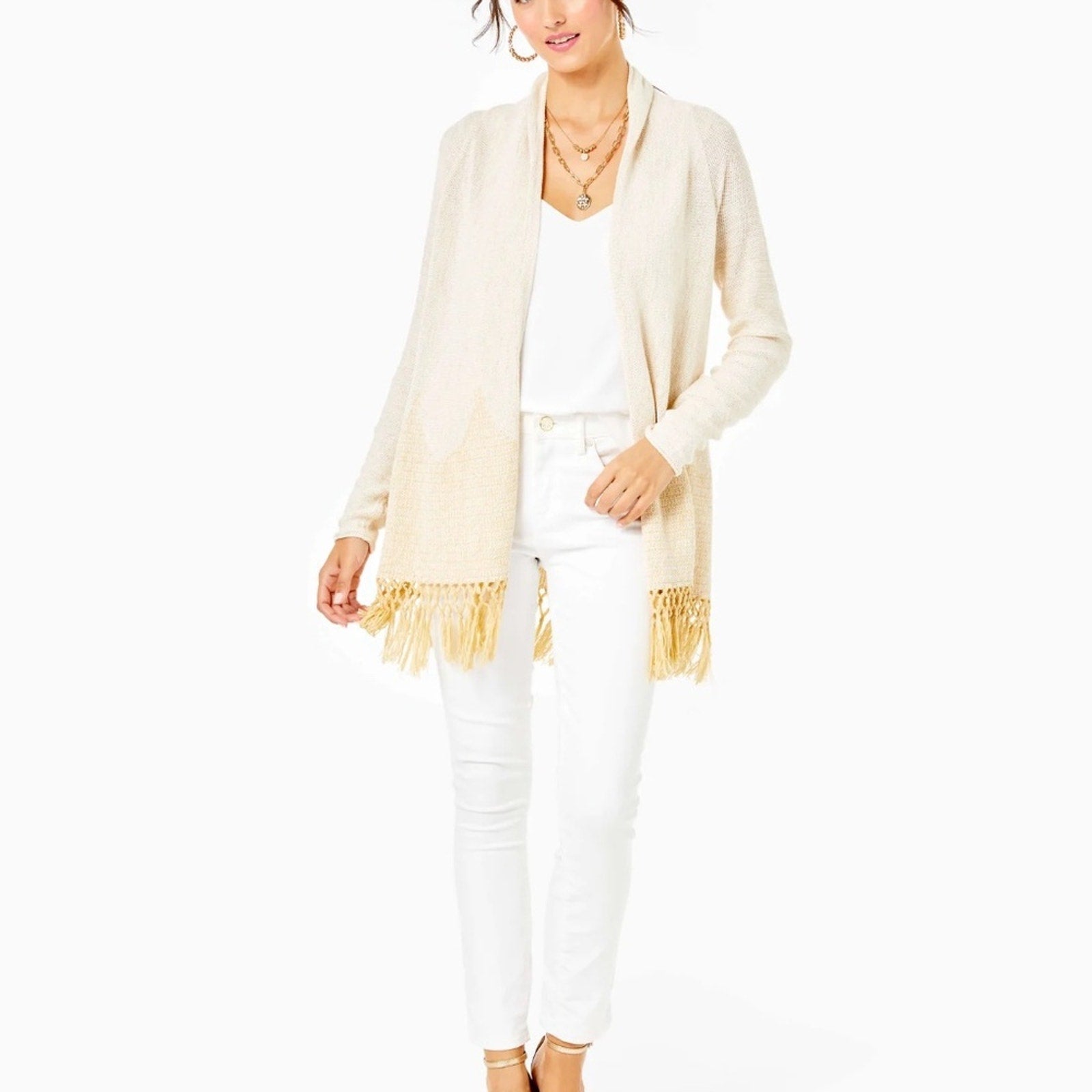 LILLY PULITZER TATUM LONG FRINGE HEM CARDIGAN LONG SLEEVE METALLIC GOLD - size M