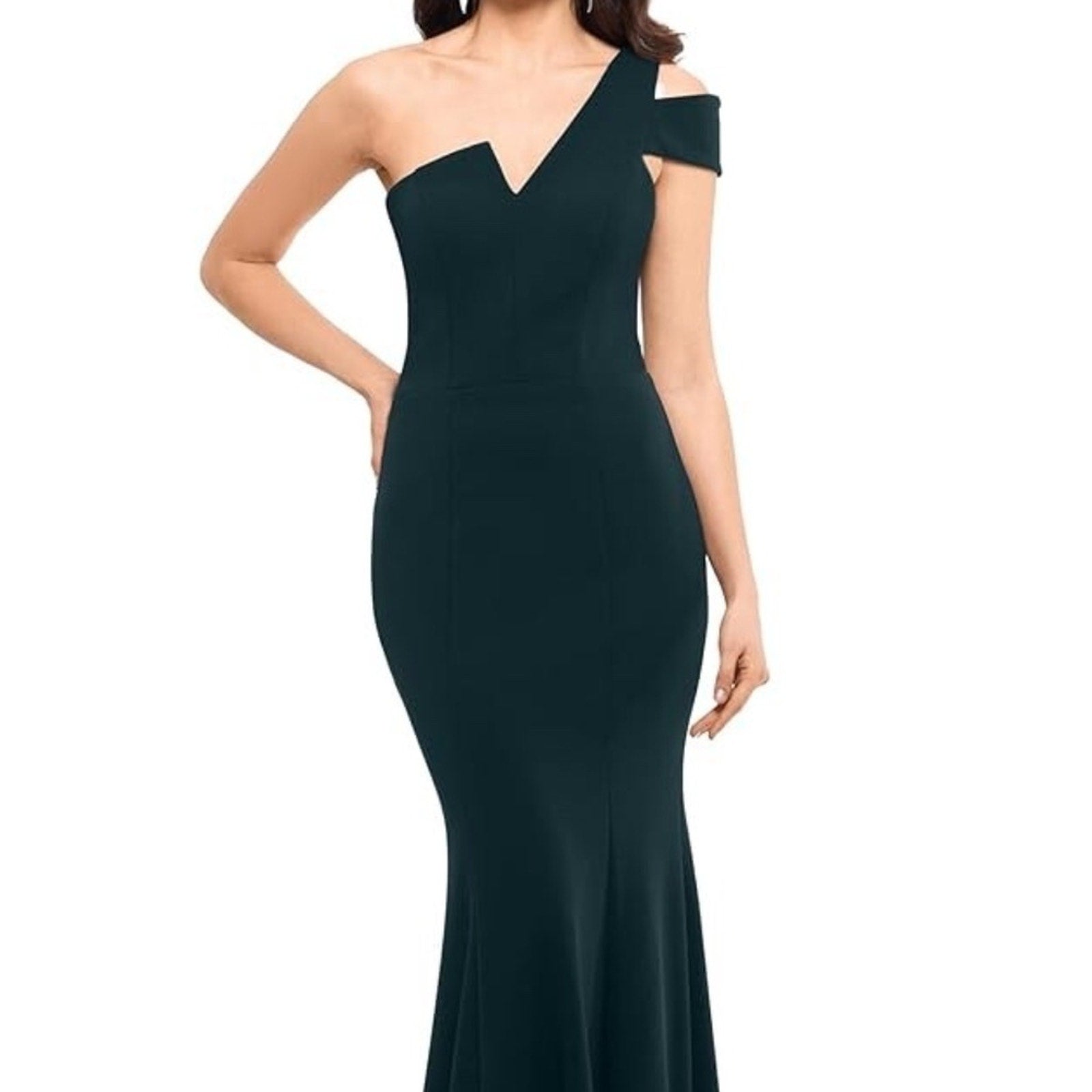 NWT Betsy & Adam Pine Green One-Shoulder Scuba Crepe Gown Size 8