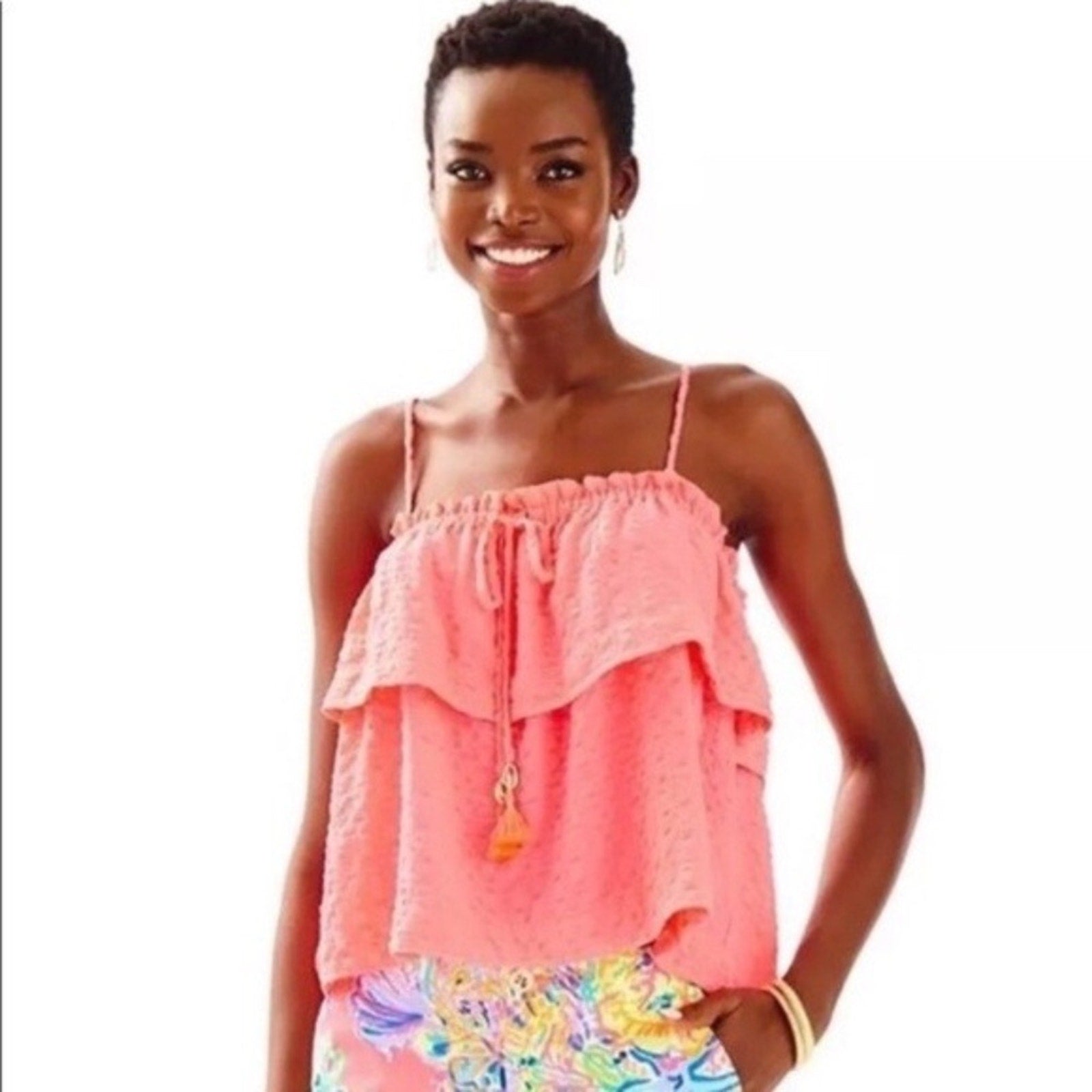 Lilly Pulitzer mays hot pink tank top ruffle preppy beach tassel - size Small