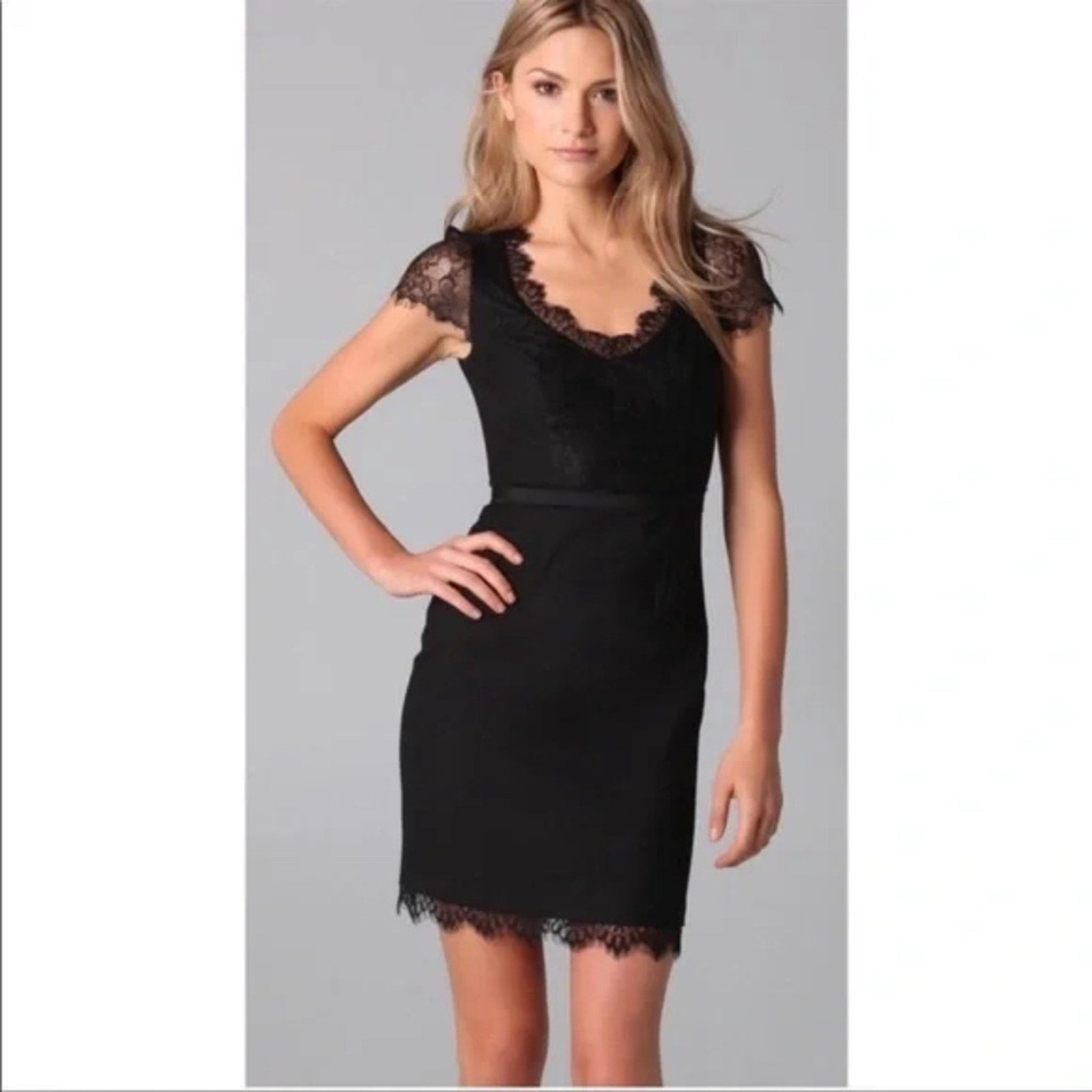 Rebecca Taylor Black Wool Blend Sheath Dress Lace Embellishments - Size 2