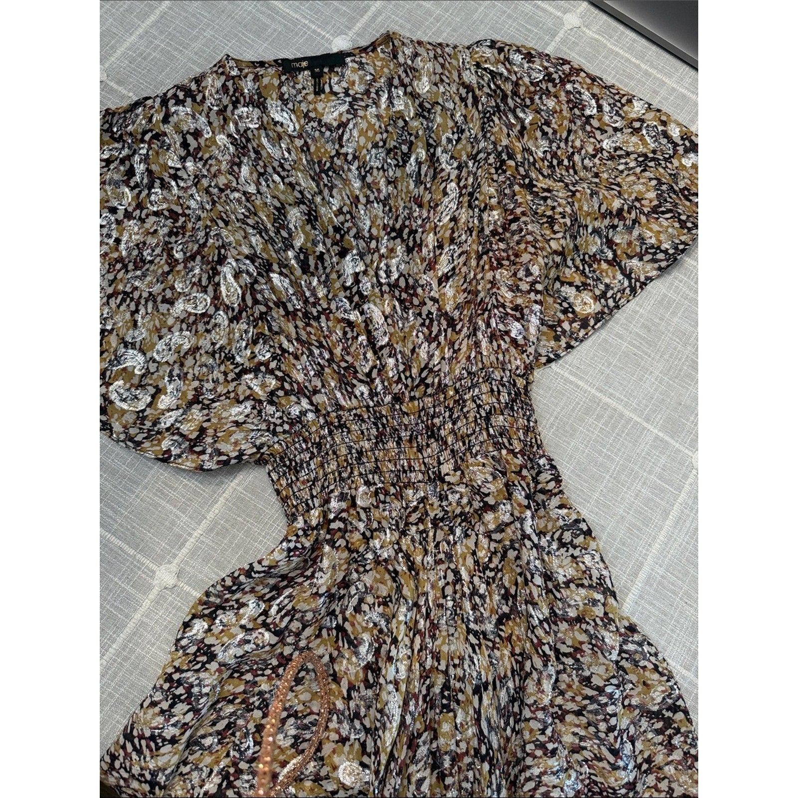 Maje Rachelle Floral Print Smocked Midi Dress in Multicolor - EU 36 🌟