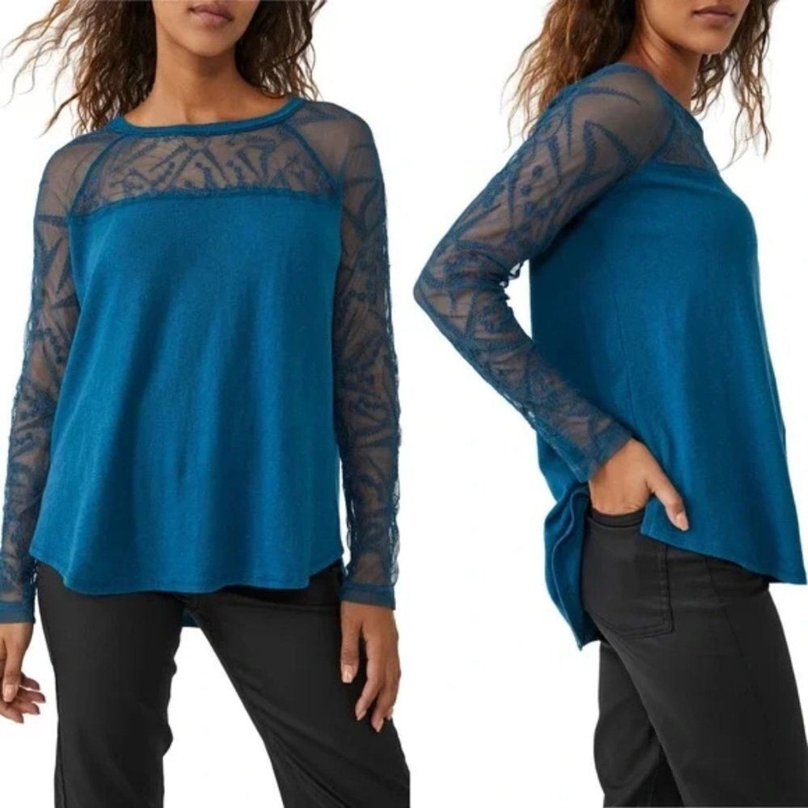 NEW Free People Sydney Embroidered Sheer Mesh Mixed Media Top Teal - size XS