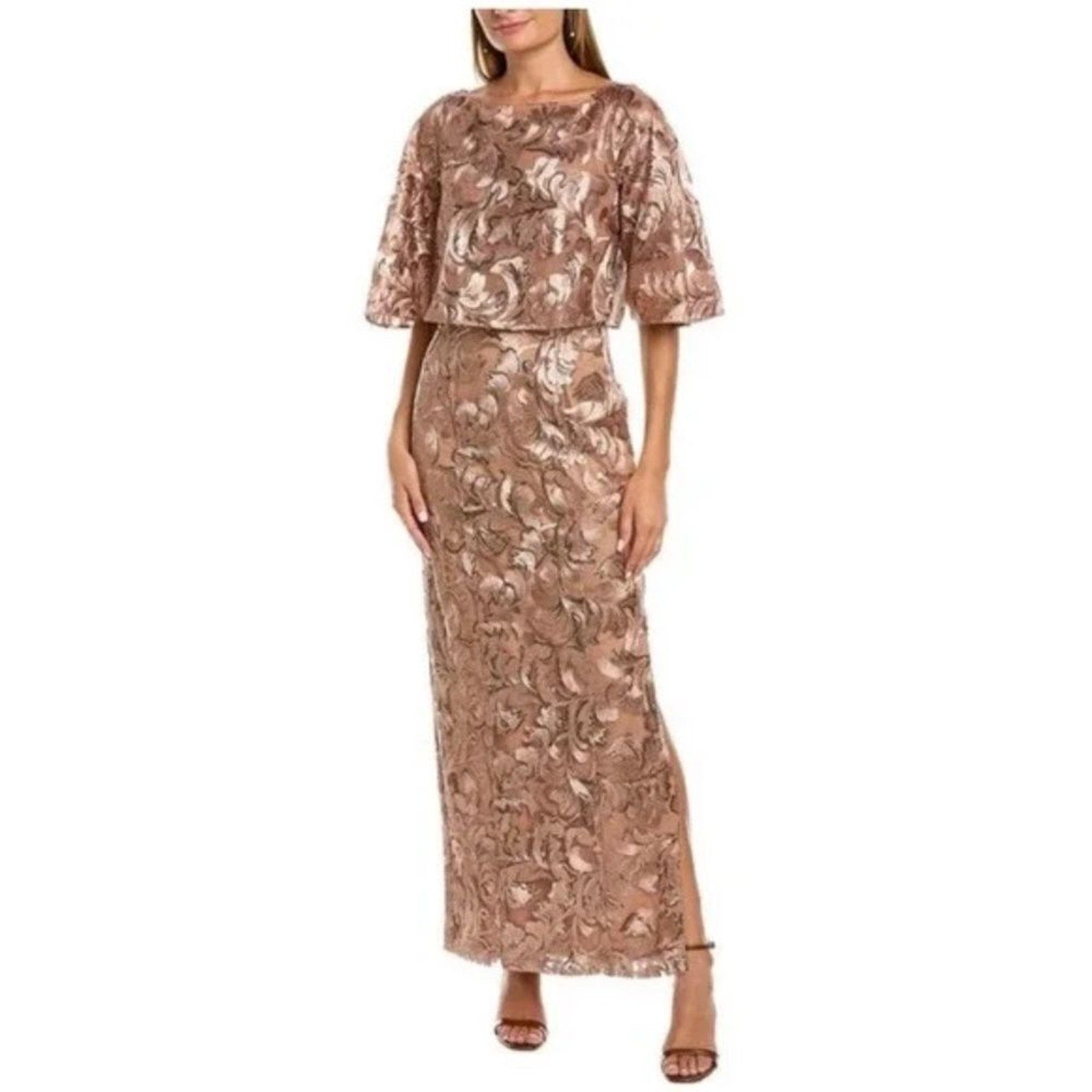 NWT JS Collections Evalina Column Gown Boat Neck in Mink / Champagne - size 4