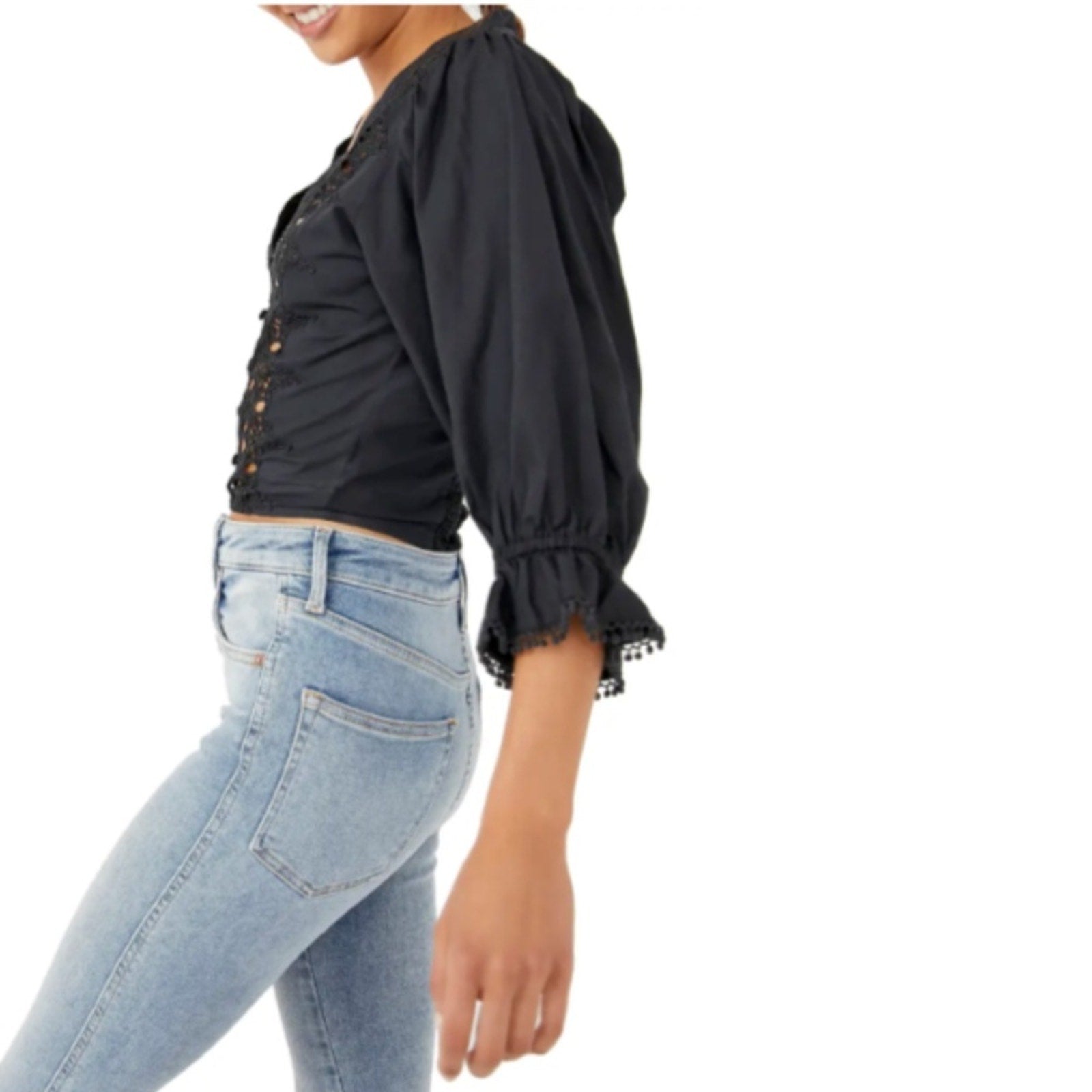FREE PEOPLE Black Louella Embroidered Smocked Cut-out V-Neck Crop Top M