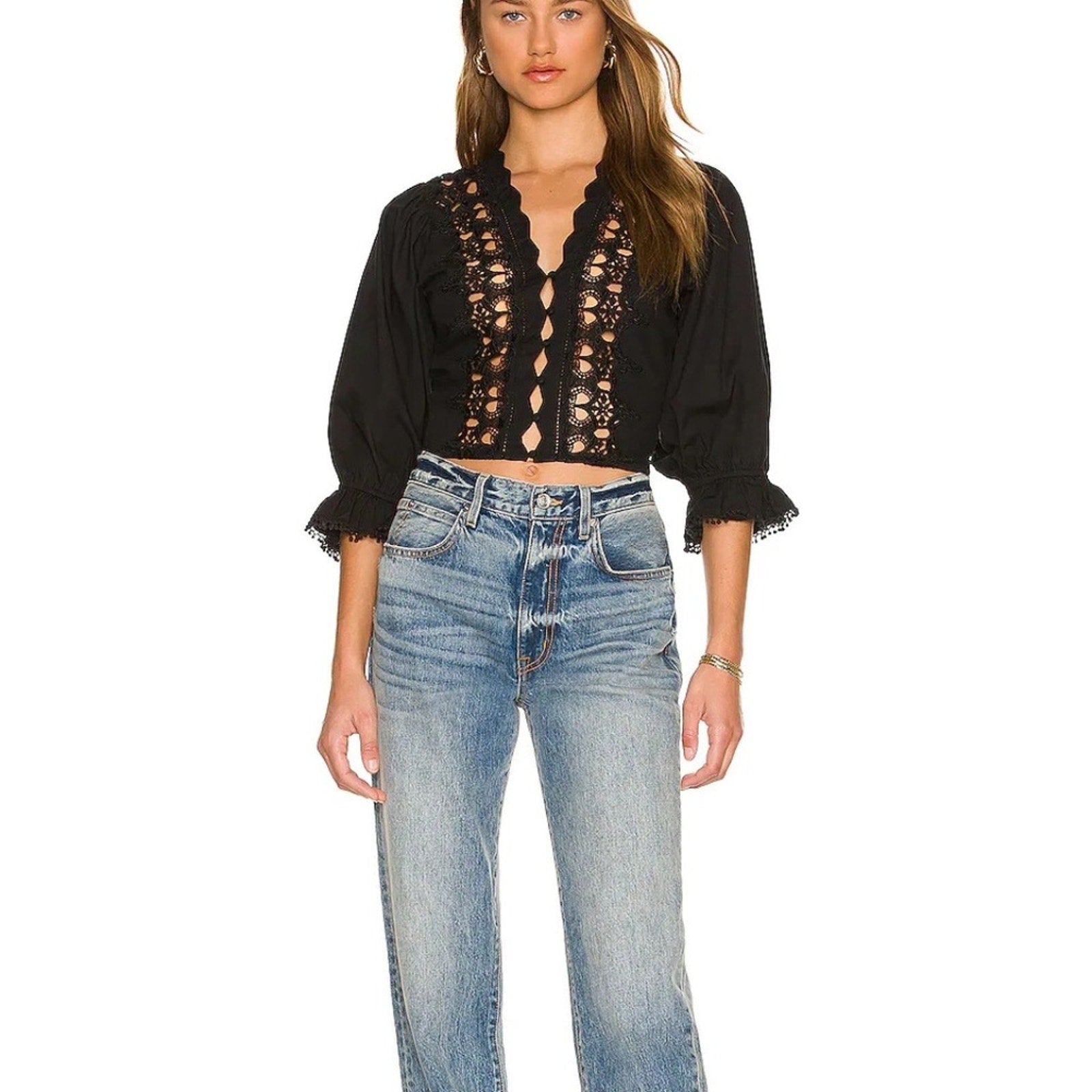 FREE PEOPLE Black Louella Embroidered Smocked Cut-out V-Neck Crop Top M