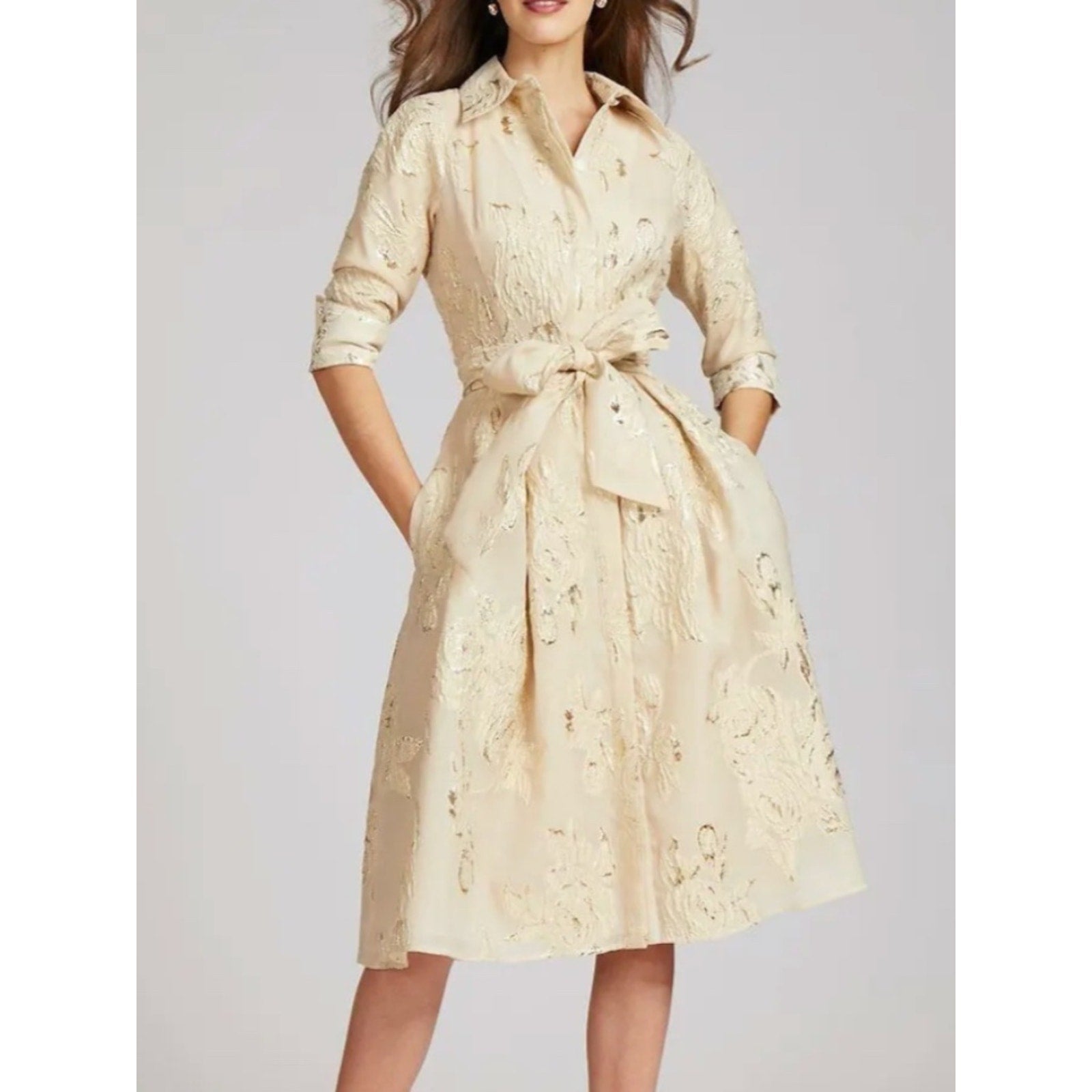 Rickie Freeman Teri Jon Metallic Jacquard Shirt Dress with Floral Print - 6 🌟