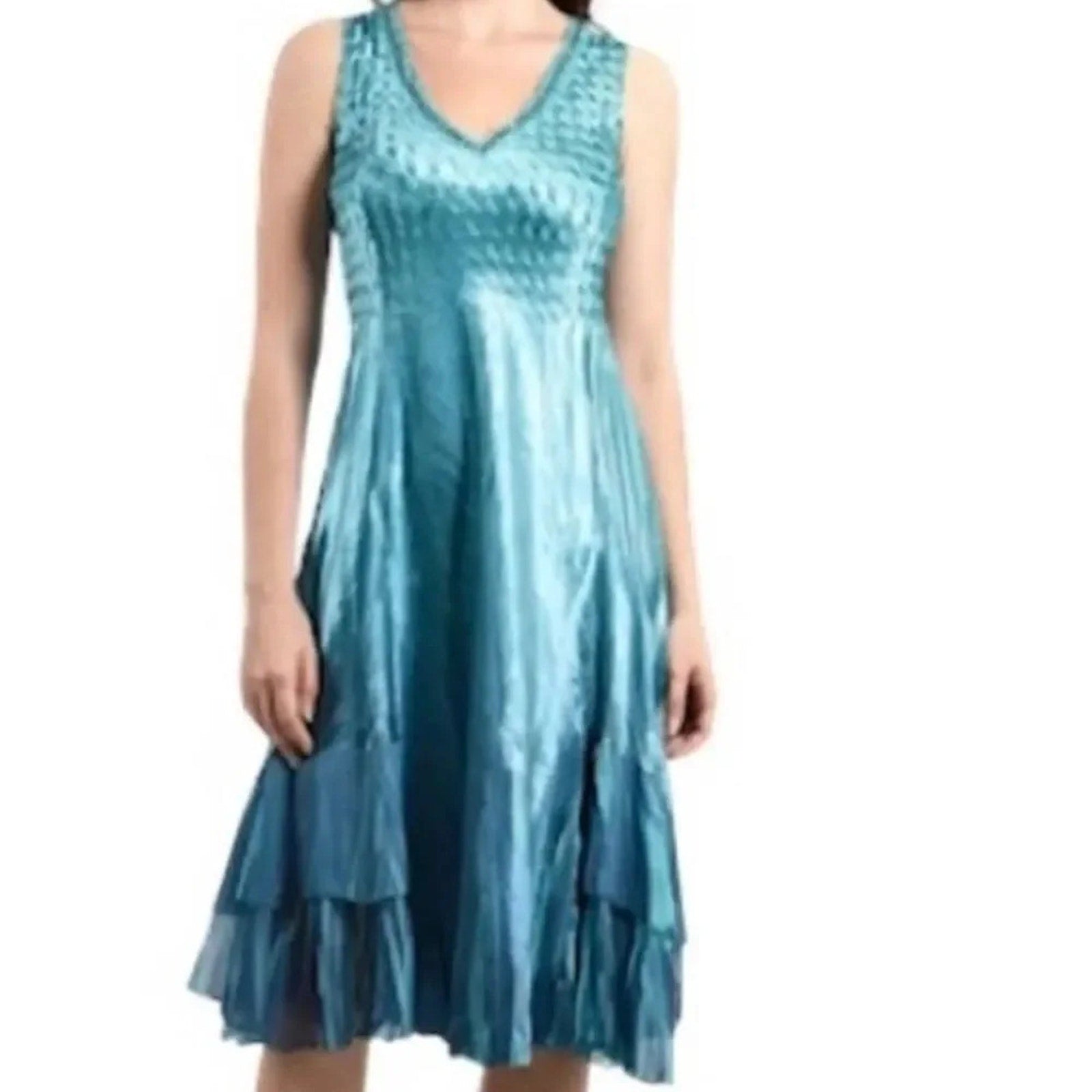 NWT Komarov Blue Ombre Beaded Charmeuse and Chiffon Tier Dress - size Small
