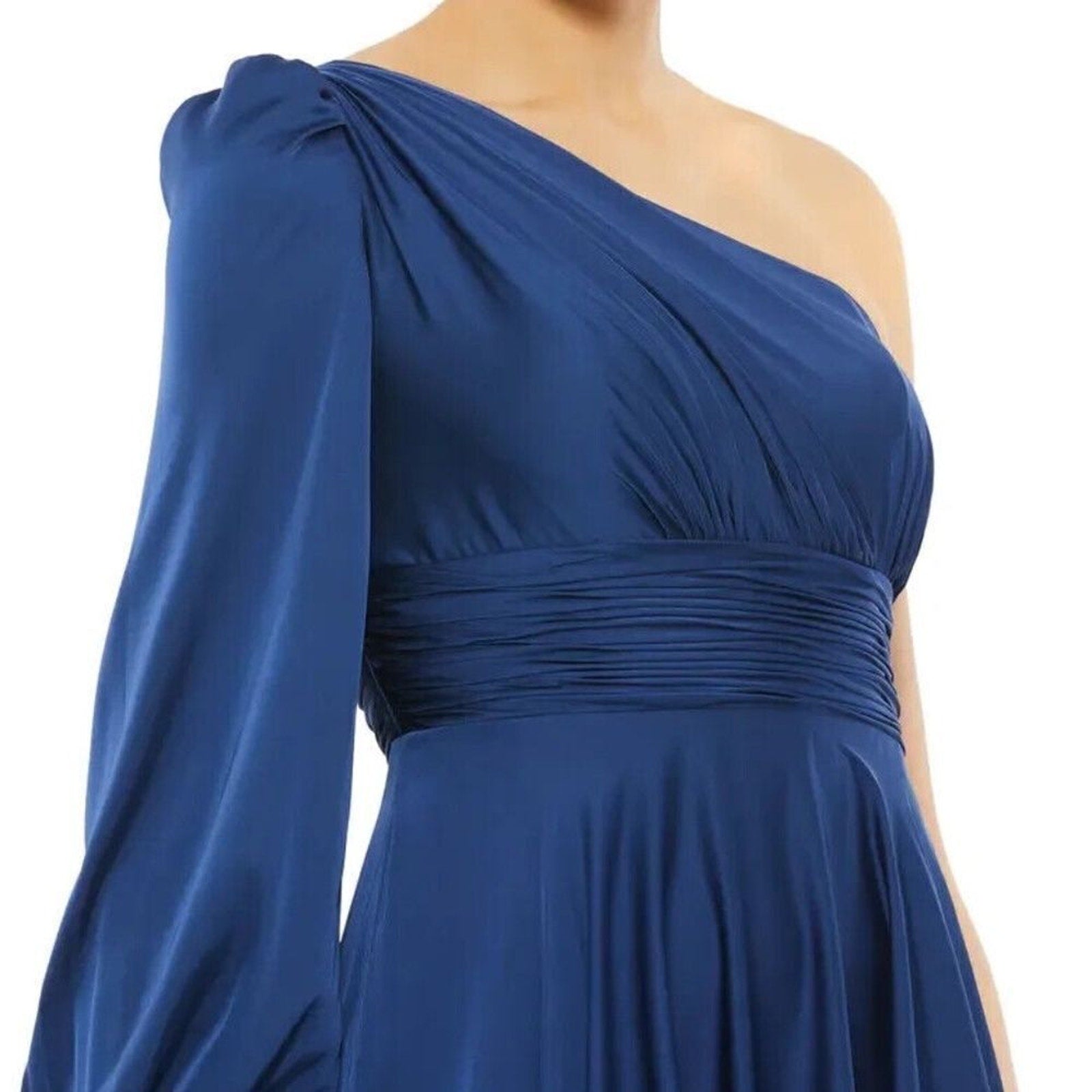 NWT Mac Duggal Midnight Blue One-Shoulder Long Sleeve Satin Gown 67866 - size 8