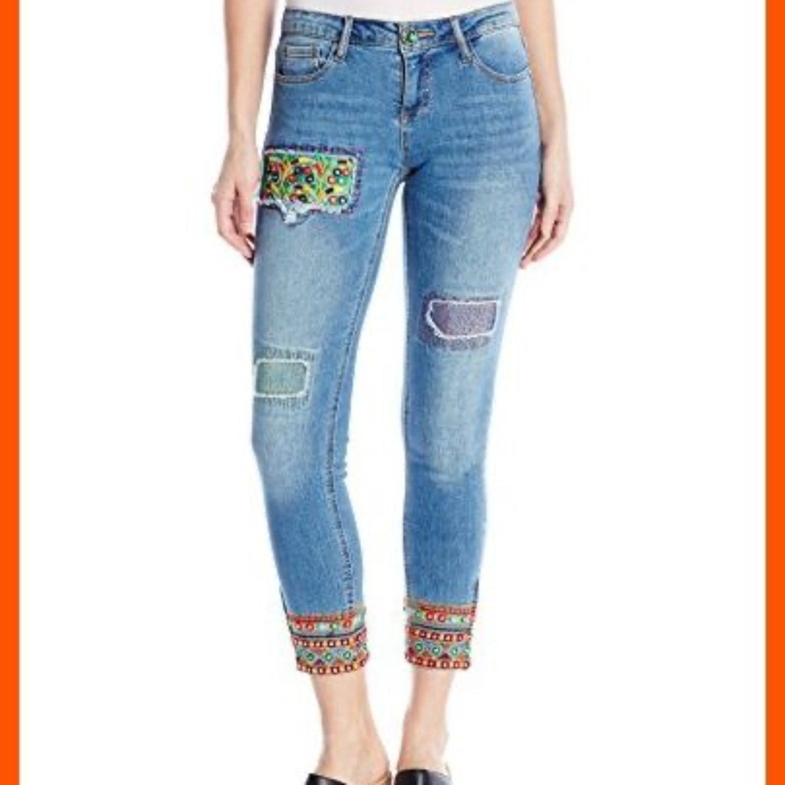 Desigual Blue Ankle Cropped Jeans with Distressed Patches - size 34