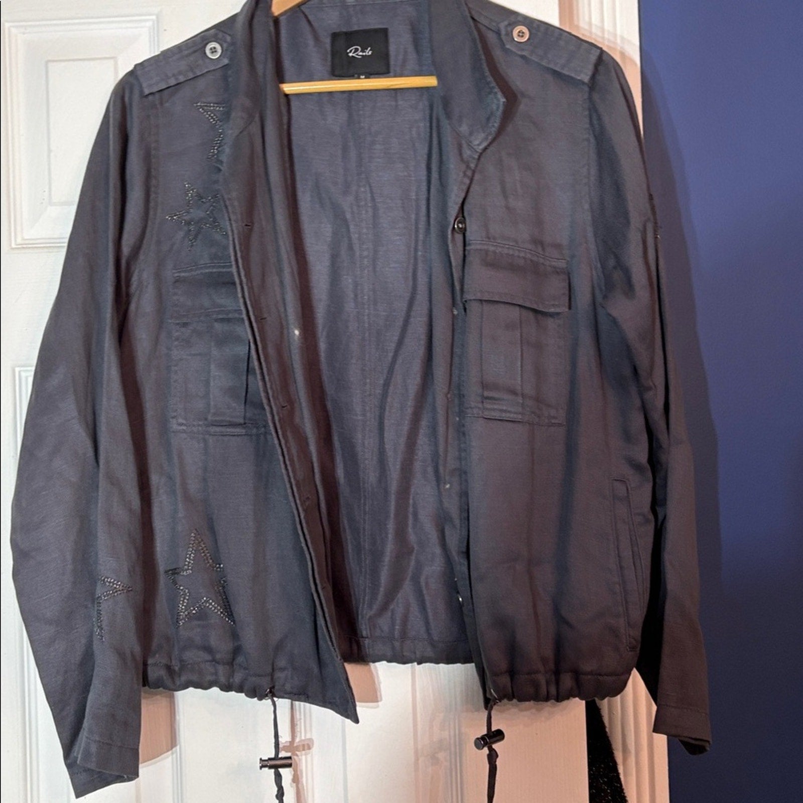 Rails Rowen Linen Blend Star Embroidery Jacket in Dark Gray - size M