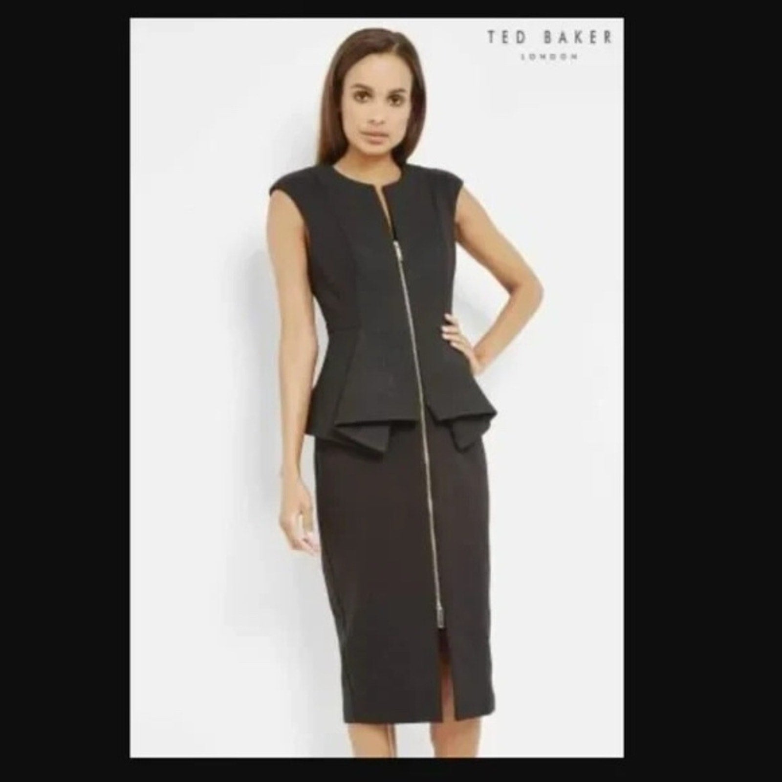 Ted Baker London Peplum Dress Cap Sleeve Sheath Front Zip Jumana Black - size 6