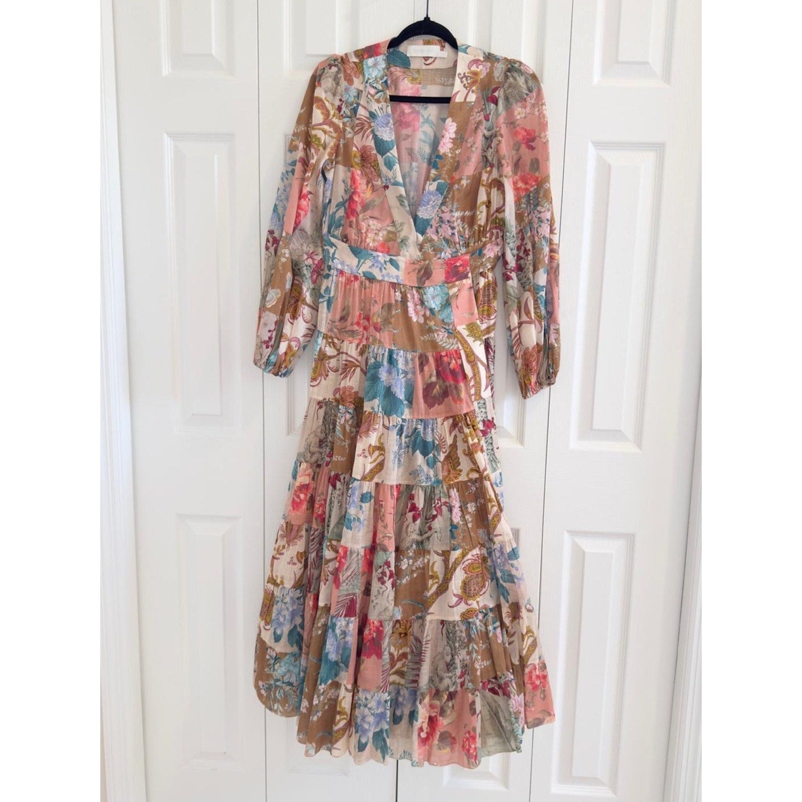 ZIMMERMANN Cassia Patchwork Floral Print Wrap Midi Dress - 0 (XS) 🌟