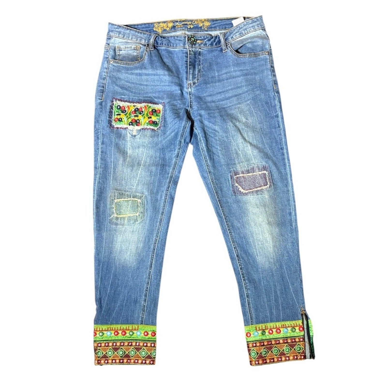Desigual Blue Ankle Cropped Jeans with Distressed Patches - size 34