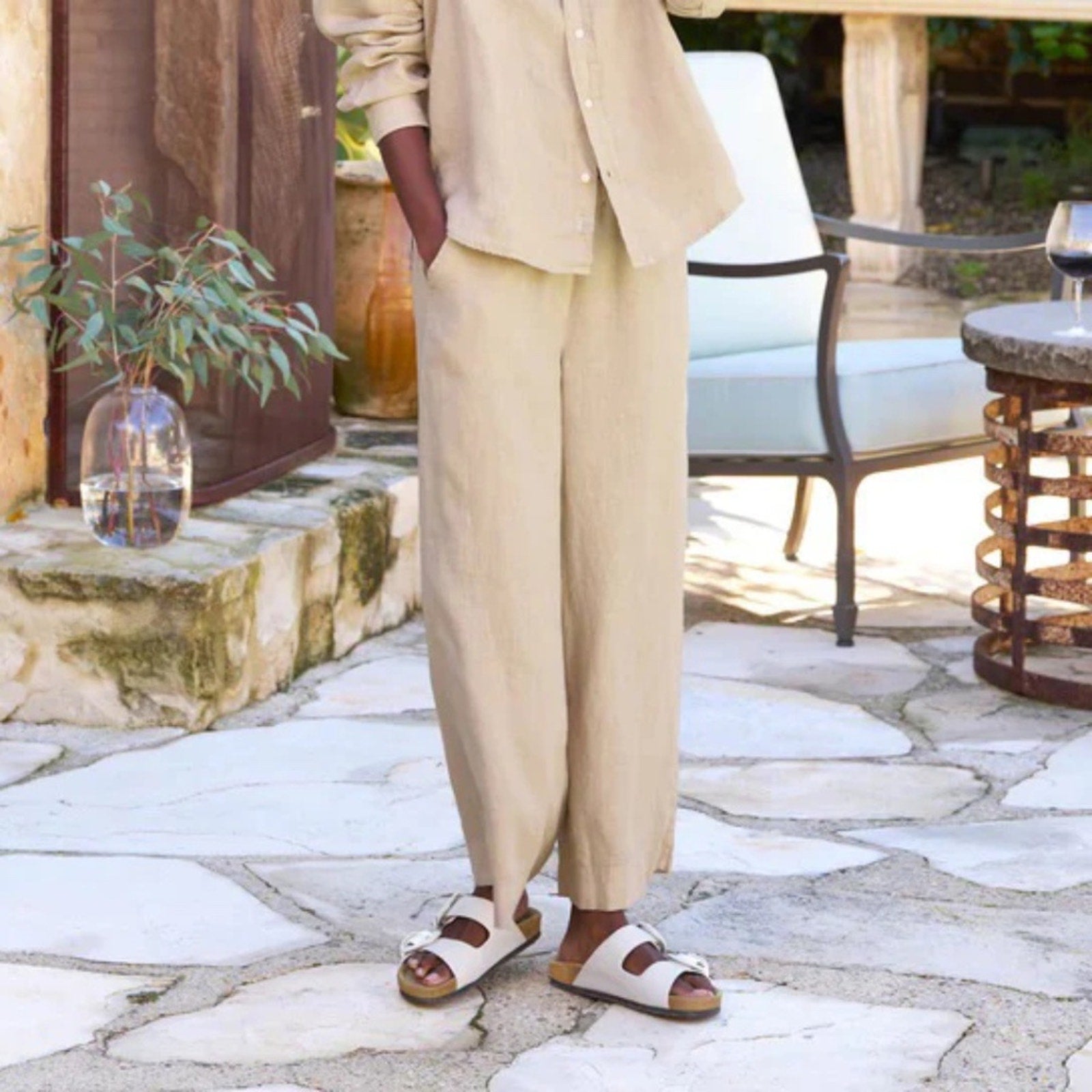 NEW Frank & Eileen Maisie 100% Linen Wideleg Pull-On Pants Coastal Beach - large