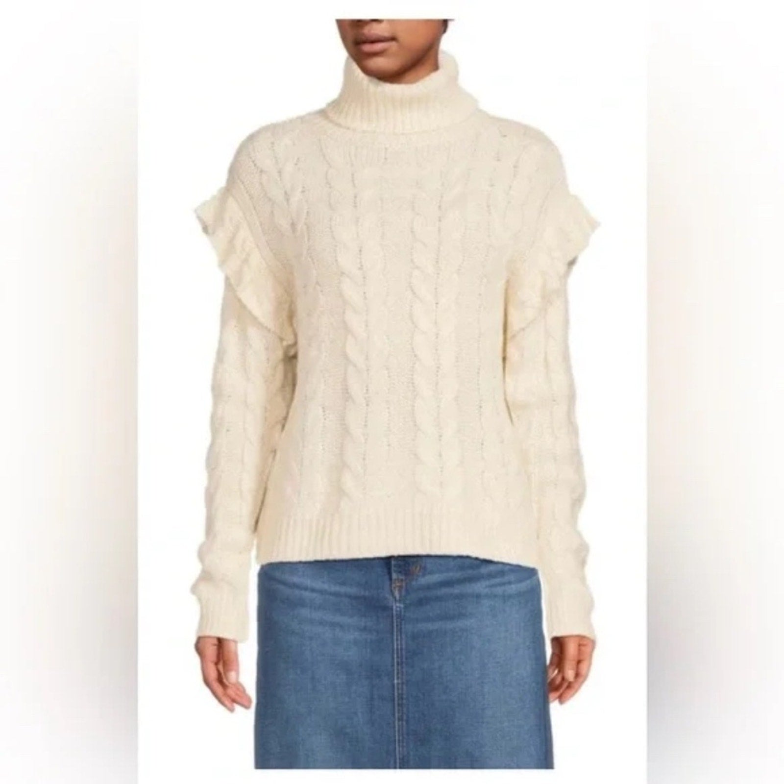NWT JOE'S JEANS Ruffle Sleeve Cable Knit Turtleneck wool blend Sweater -  large