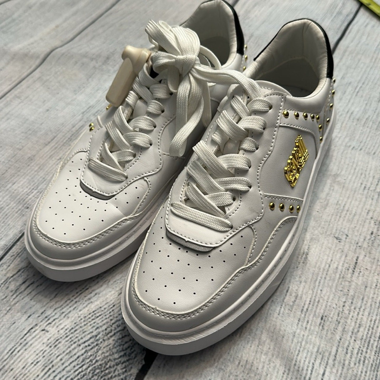NEW Roberto Cavalli Studded Sneakers White Leather Tennis Athletic Shoes - sz 39
