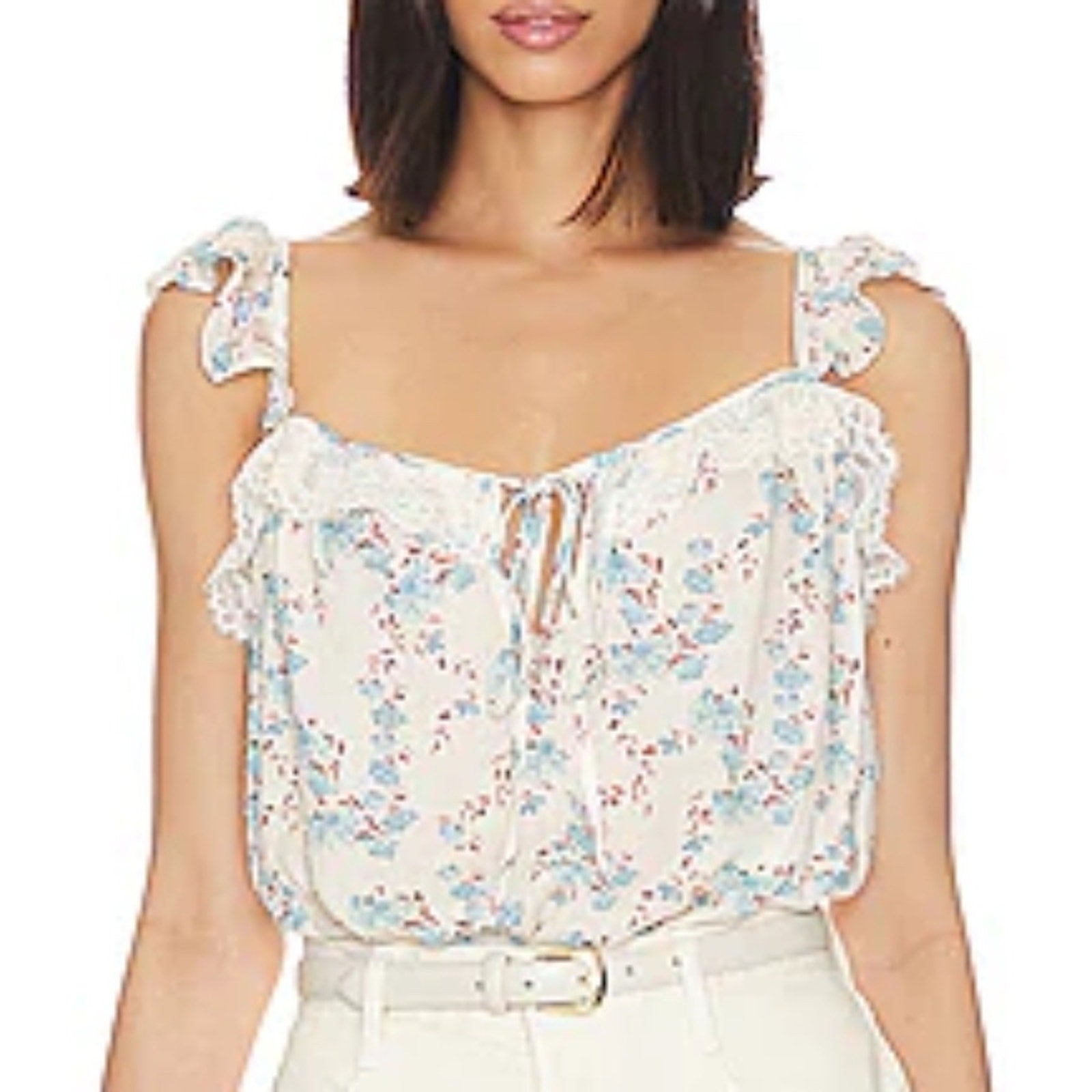 NWT Free People Take It Away Sleeveless Bodysuit Cream Blue Floral Womens Size L