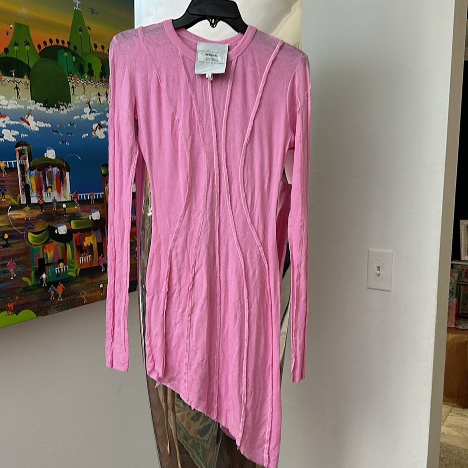 NEW Sami Miro Vintage Women's Asymmetric Long Sleeve Mini Dress in Pink - size M