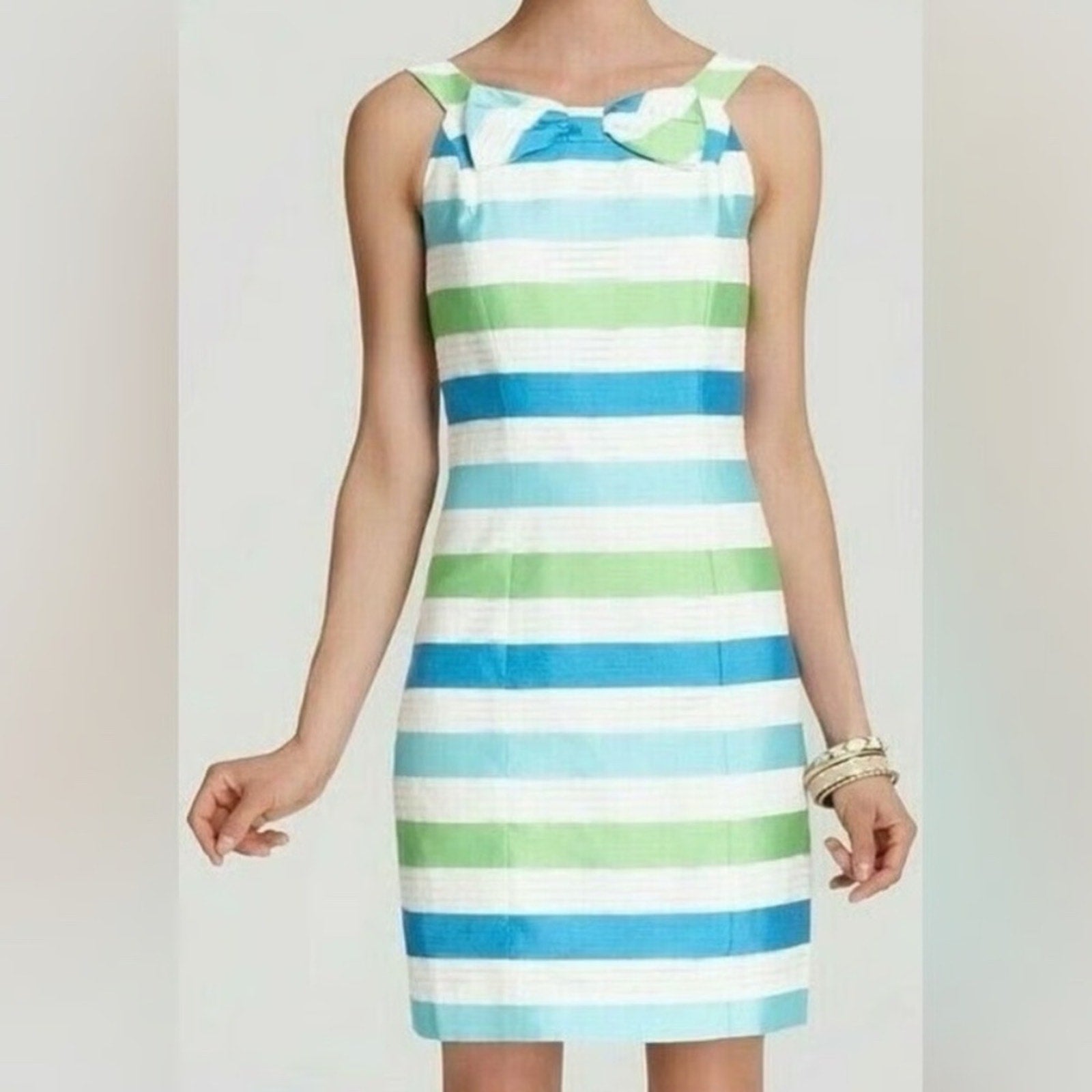 Lilly Pulitzer Henley Silk Blend Blue & Green Bow Striped Sheath Dress - size 4