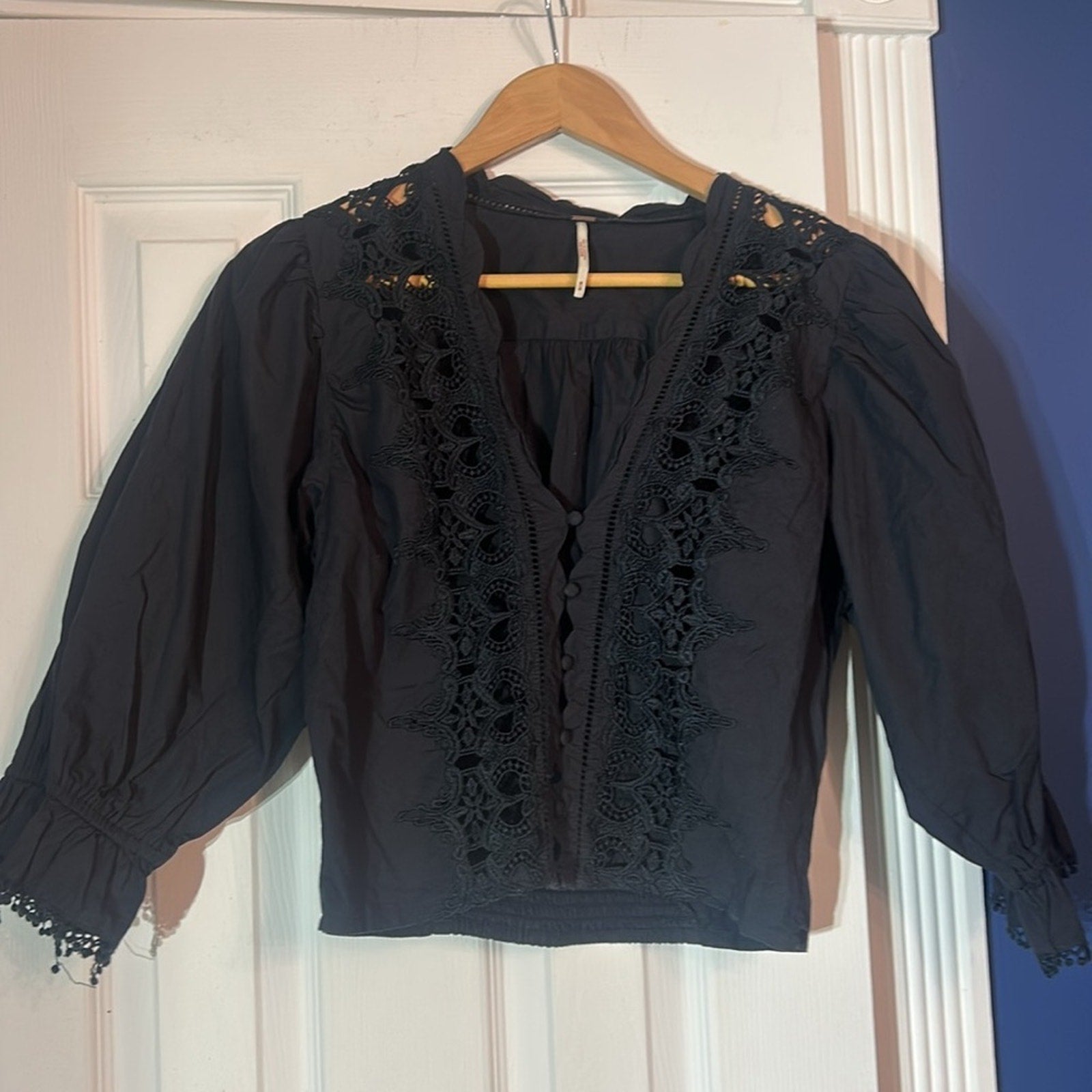FREE PEOPLE Black Louella Embroidered Smocked Cut-out V-Neck Crop Top M