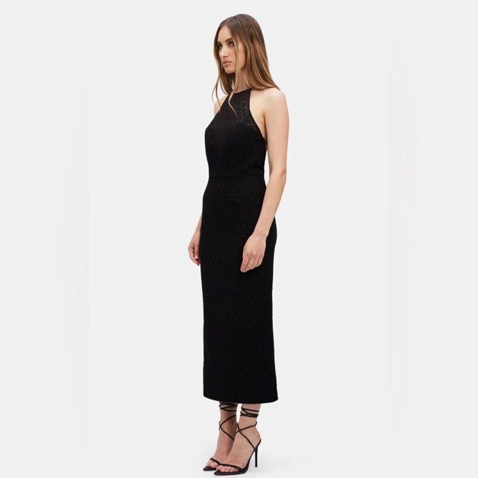 NWT Bardot Chameleon Lace Halter Open Back Midi Dress In Black - L