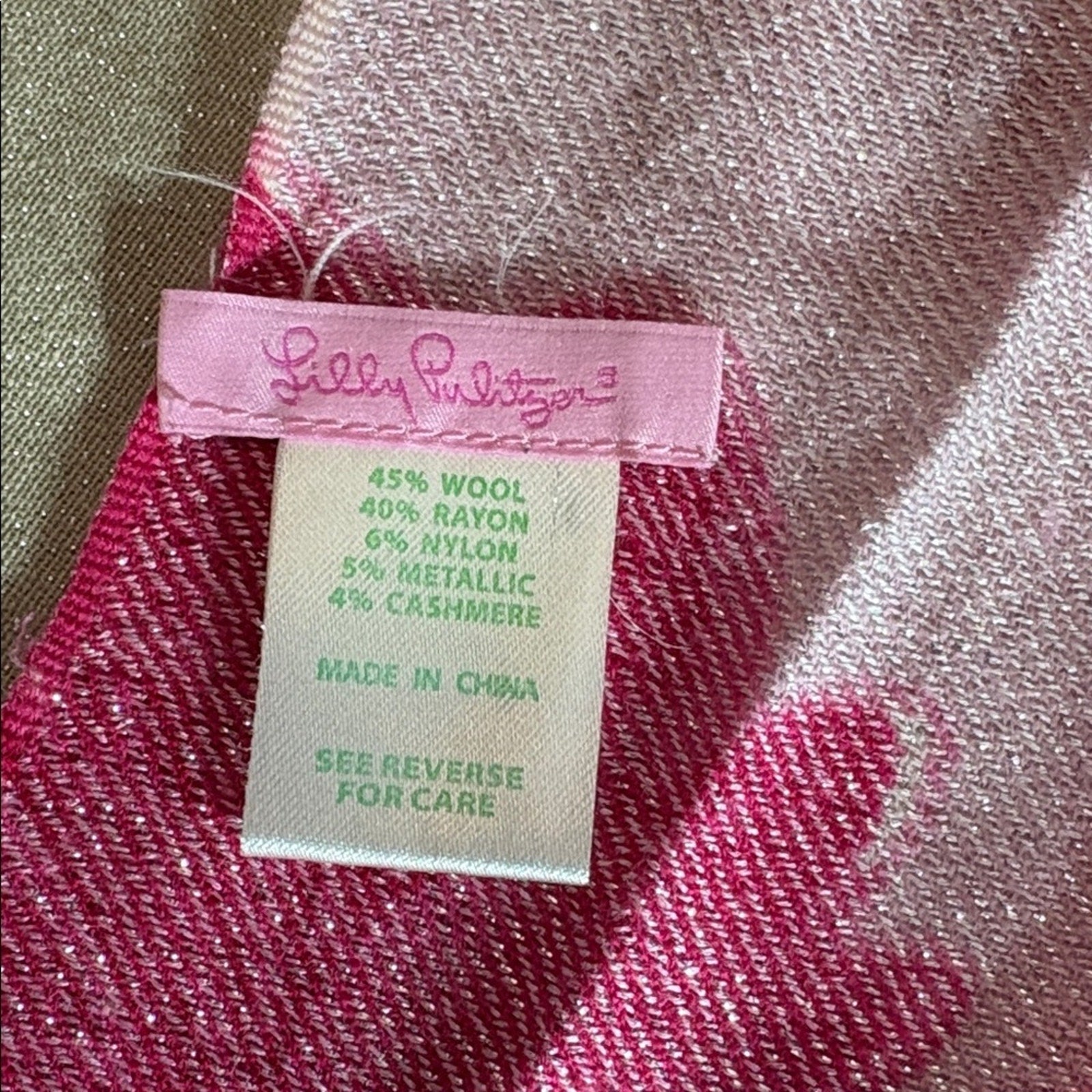 Lilly Pulitzer wool cashmere blend pink metallic scarf