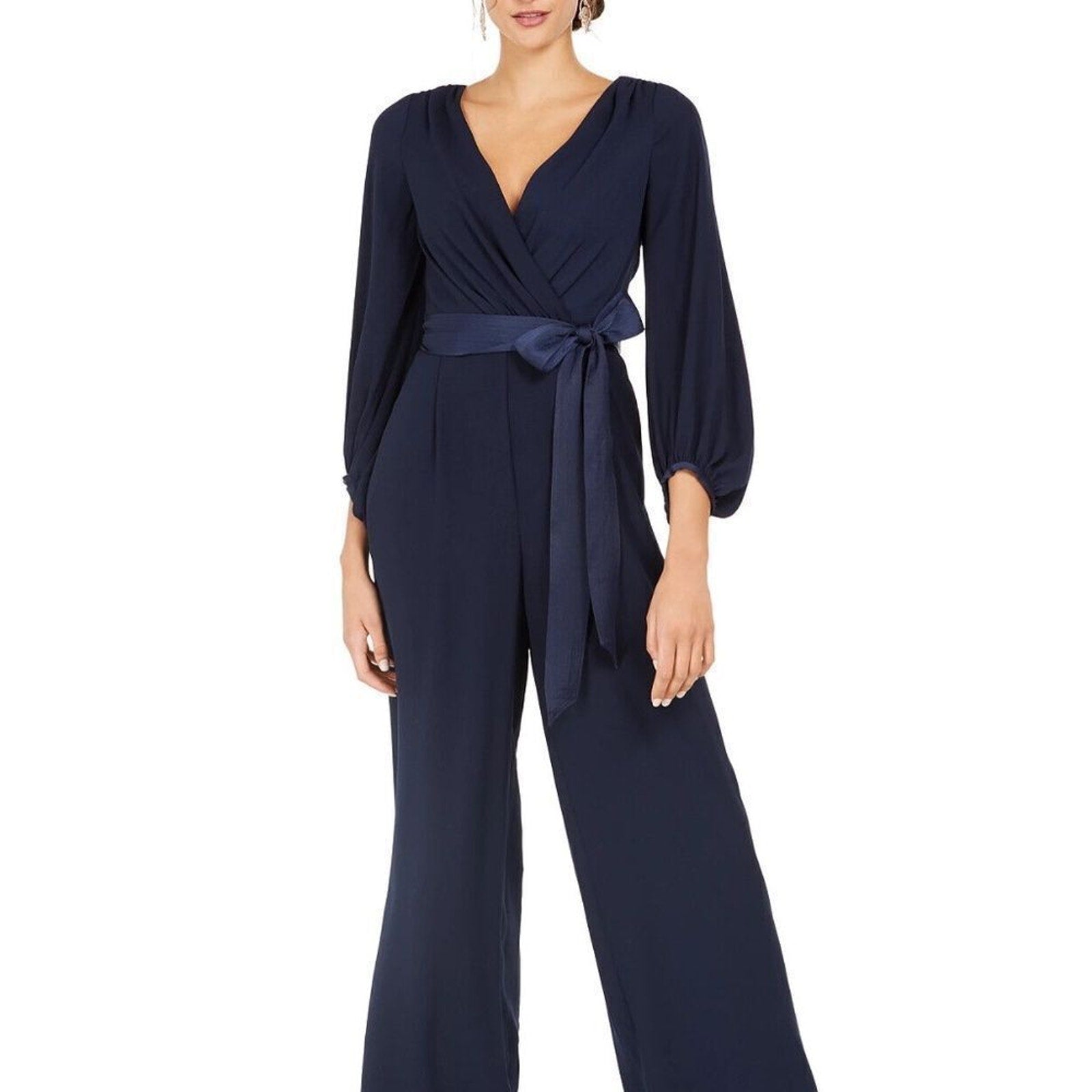 NEW ELIZA J BLOUSON 3/4 SLEEVE FAUX WRAP WIDE LEG NAVY JUMPSUIT - size 0