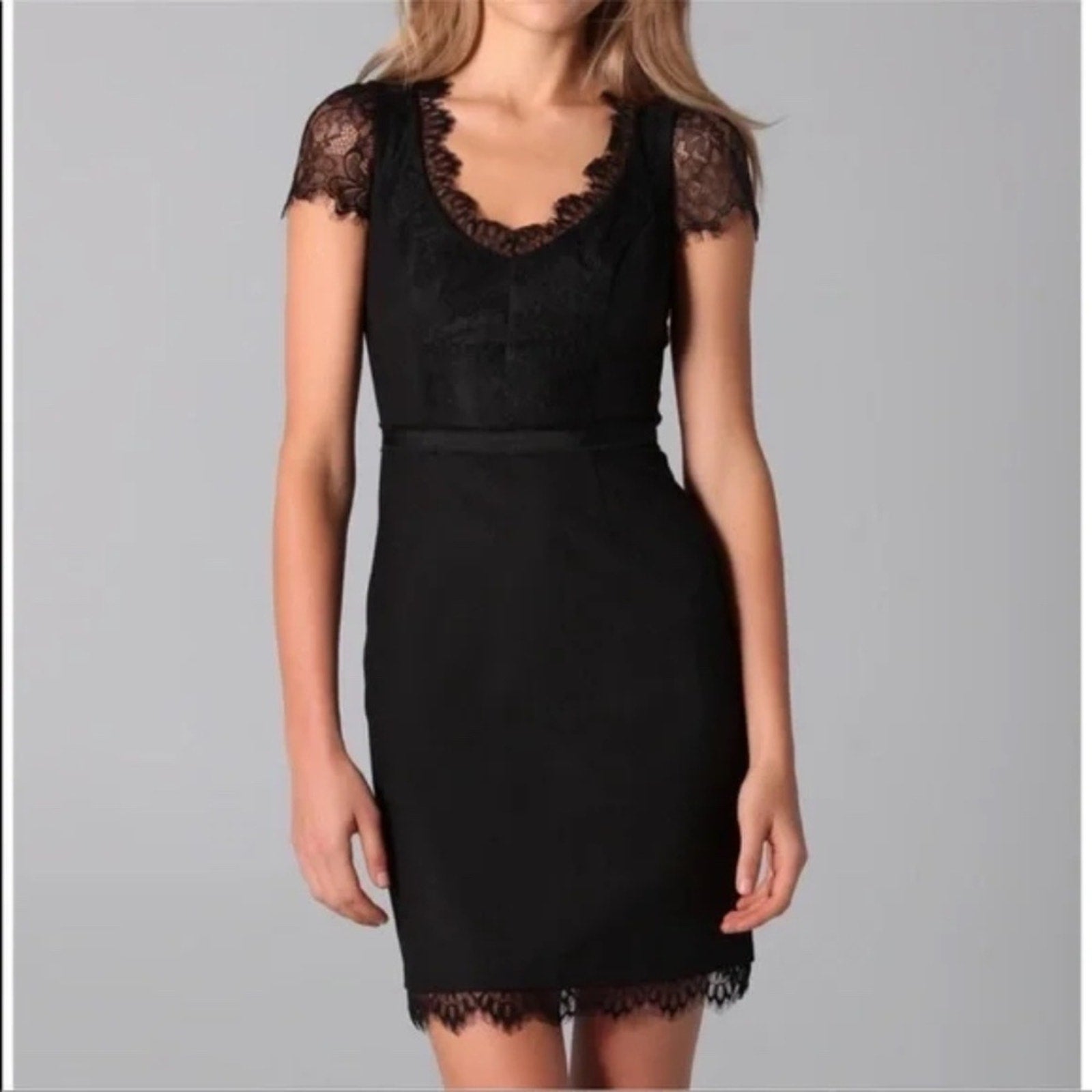 Rebecca Taylor Black Wool Blend Sheath Dress Lace Embellishments - Size 2