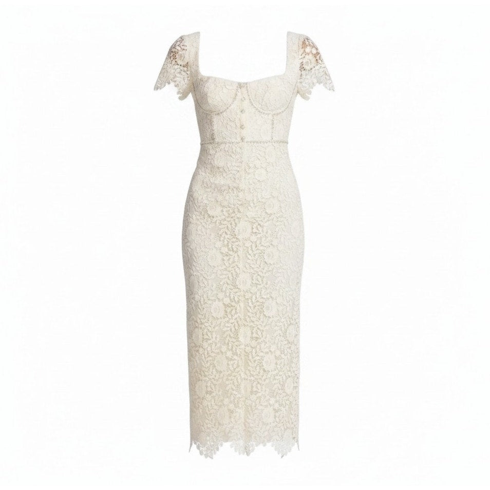 Self-Portrait Cream Rose Lace Midi Dress - 4