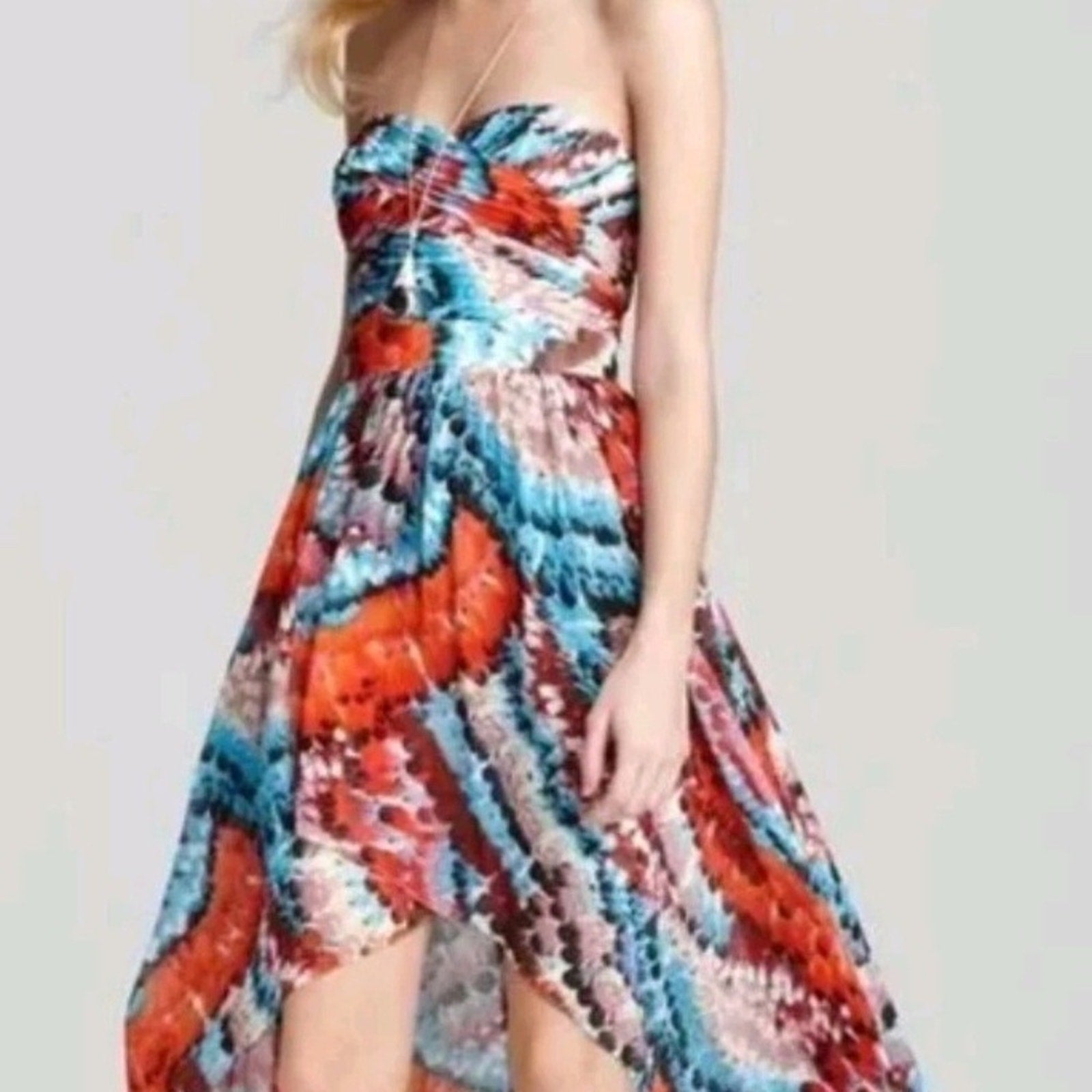 Aidan Mattox Feather Print High Low Strapless Dress Multicolor - size 8