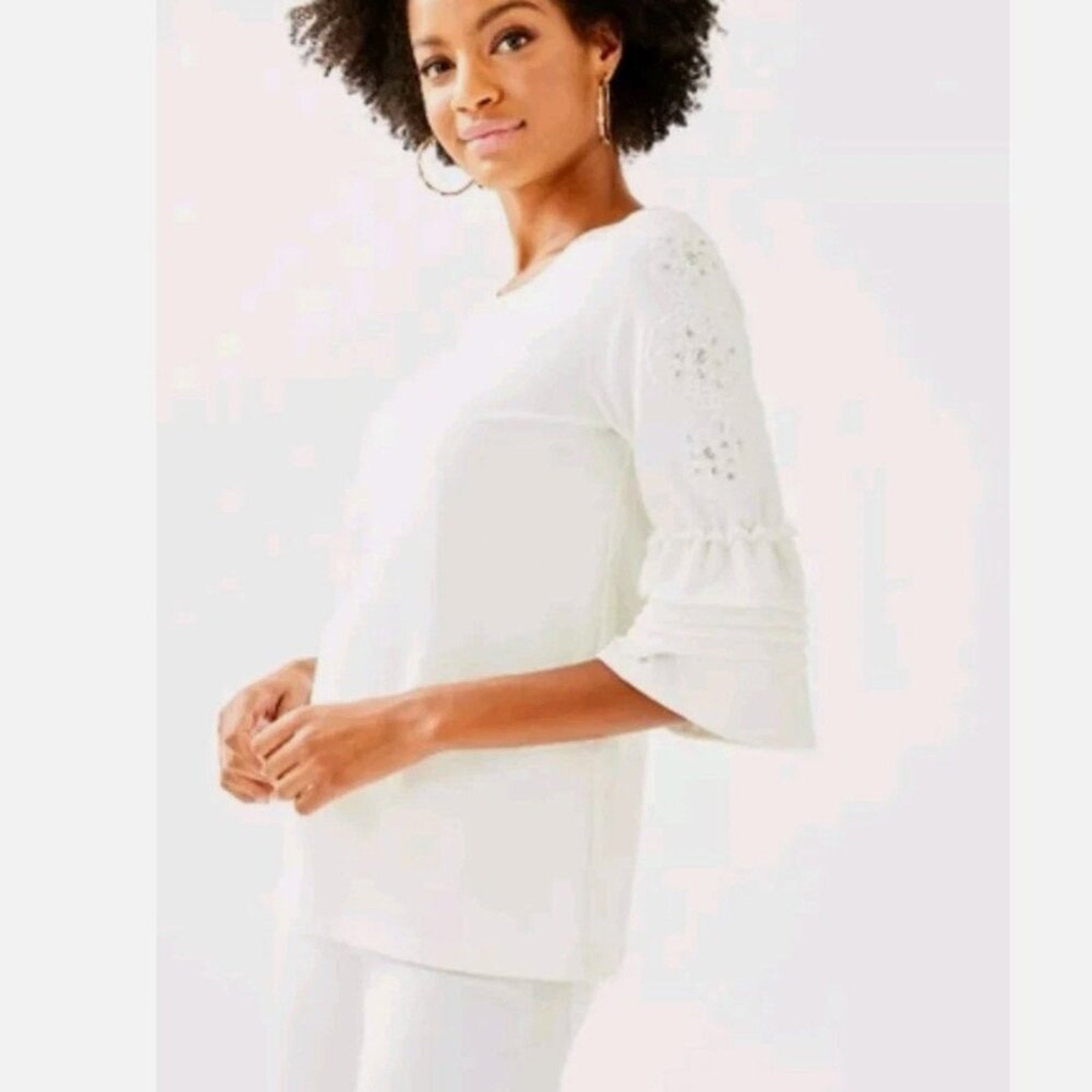 Lilly Pulitzer Fatima Embellished Bell Sleeve Top Coconut - S