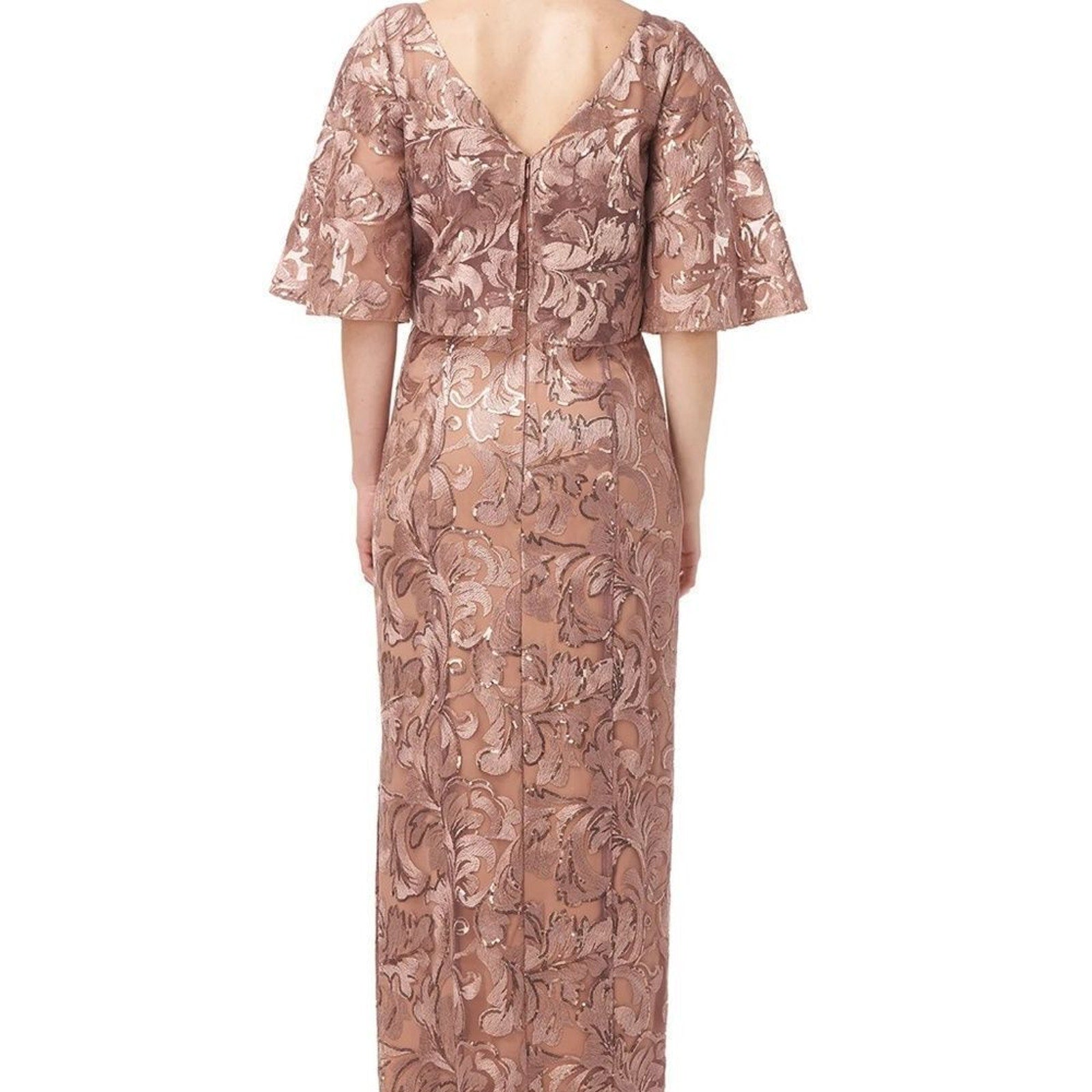 NWT JS Collections Evalina Column Gown Boat Neck in Mink / Champagne - size 4