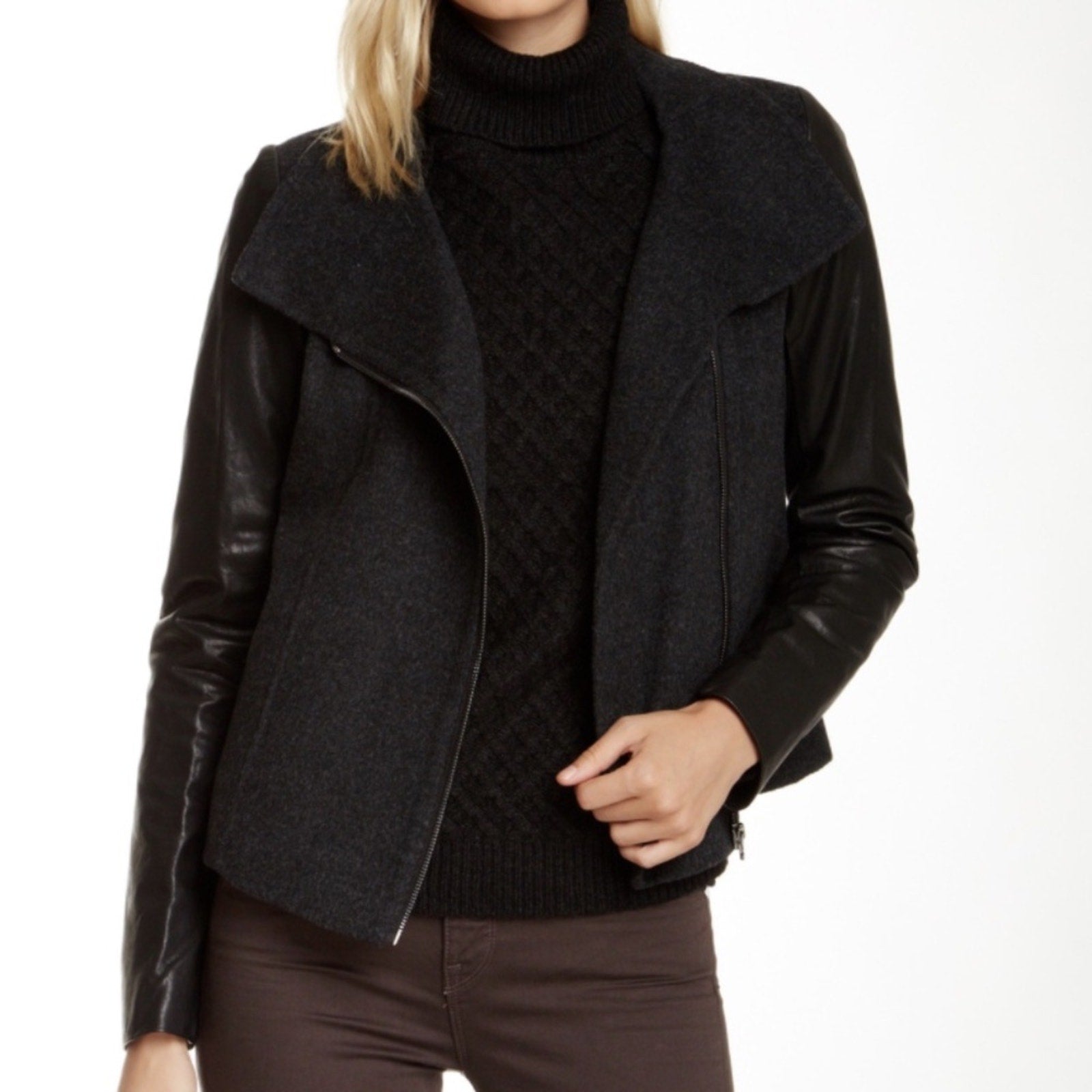 Vince Wool Blend Funnel Neck Jacket with Leather Sleeves - size M