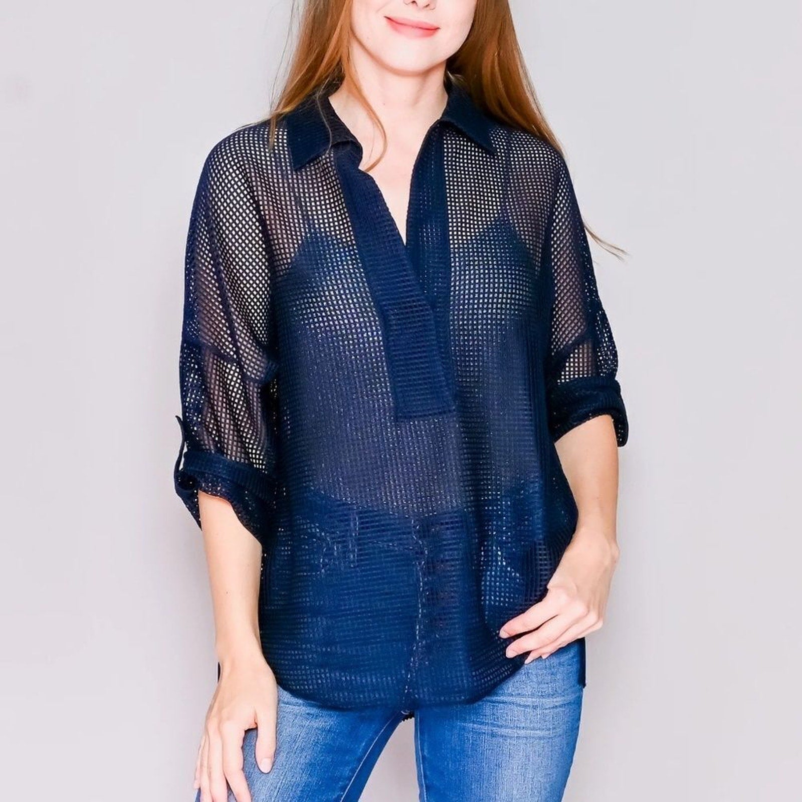 NWT AKRIS PUNTO Navy Blue Grid Mesh Blouse - size 10