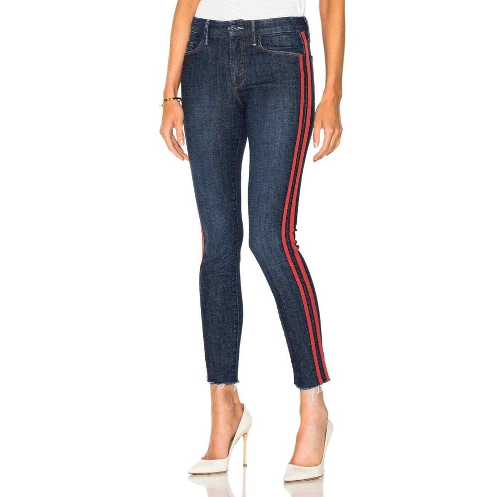 MOTHER The Looker Blue Ankle Fray Skinny Jean Red Tuxedo Stripes - size 30