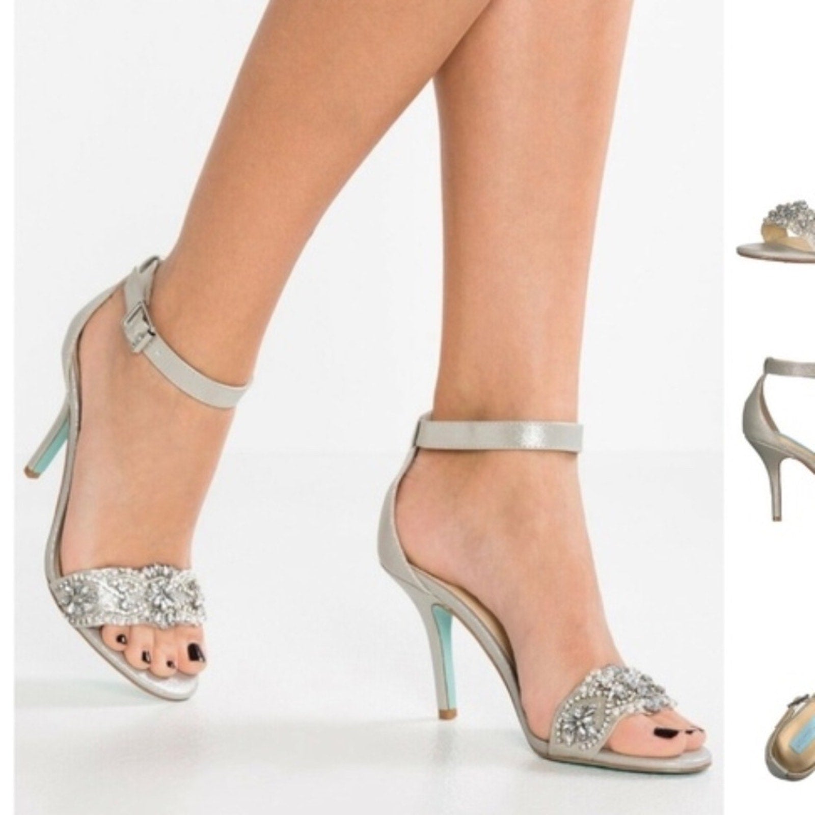 NEW Betsey Johnson Gina Jeweled Ankle Strap Dress Sandals Silver Satin Stiletto - 7.5