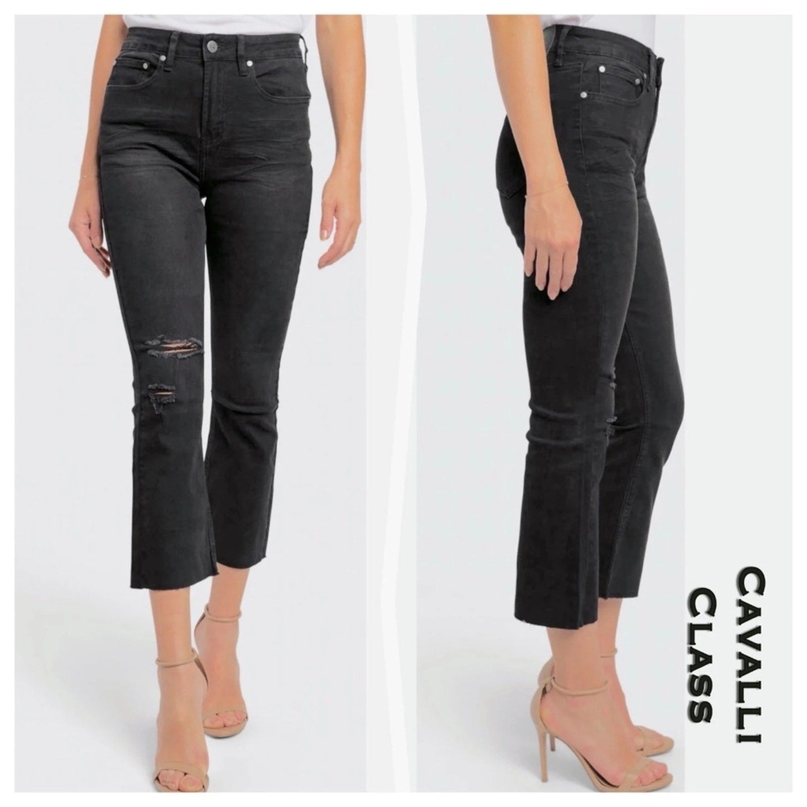 NWT Cavalli Class High Rise Straight Leg Jeans Raw Hem Distressed Knee Black 32