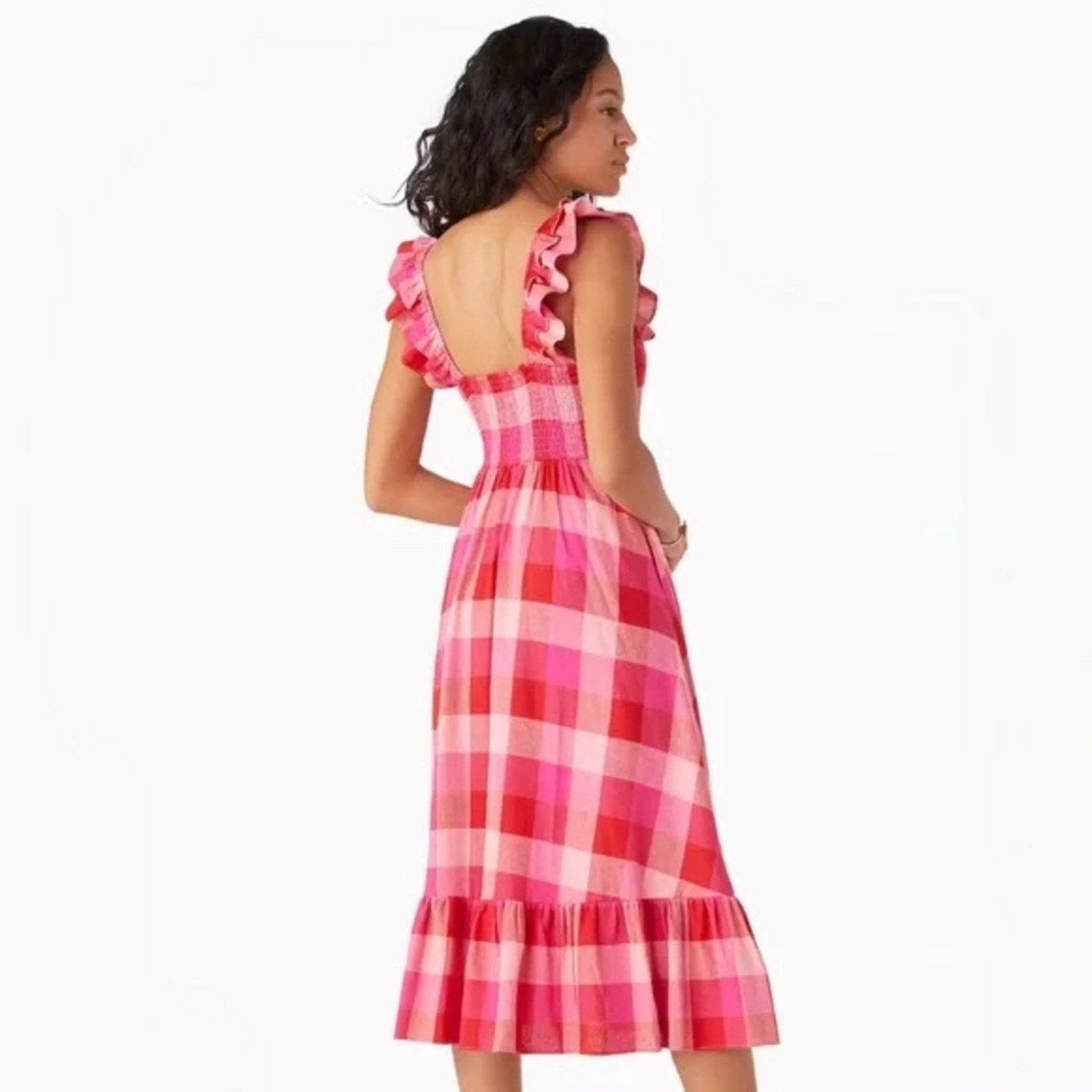 Kate Spade Deep Hibiscus Multi Picnic Woven Ruffle Midi Dress - size small
