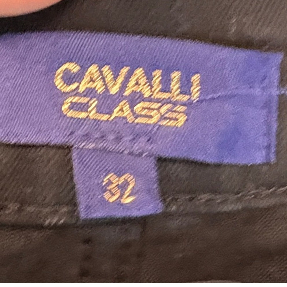 NWT Cavalli Class High Rise Straight Leg Jeans Raw Hem Distressed Knee Black 32