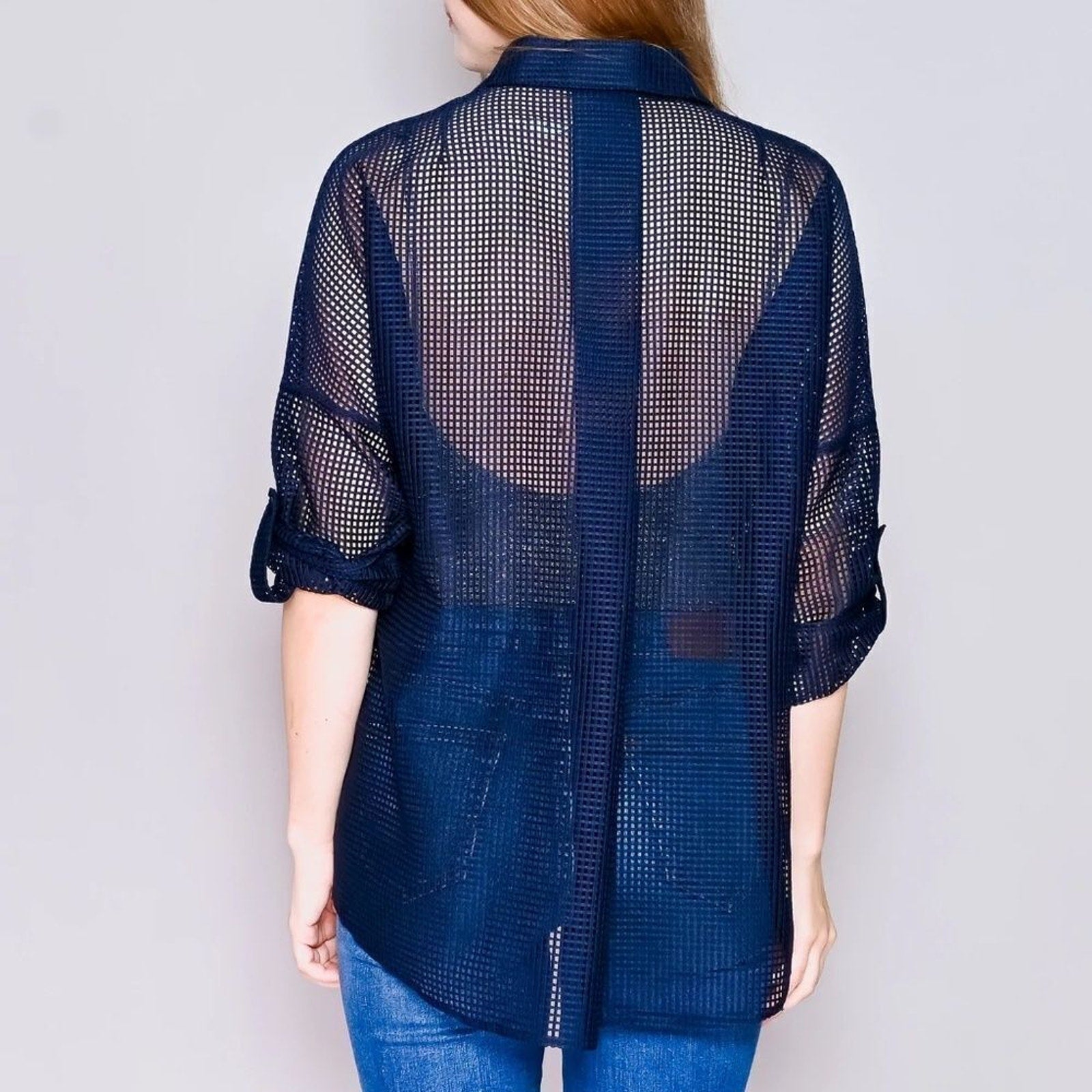 NWT AKRIS PUNTO Navy Blue Grid Mesh Blouse - size 10