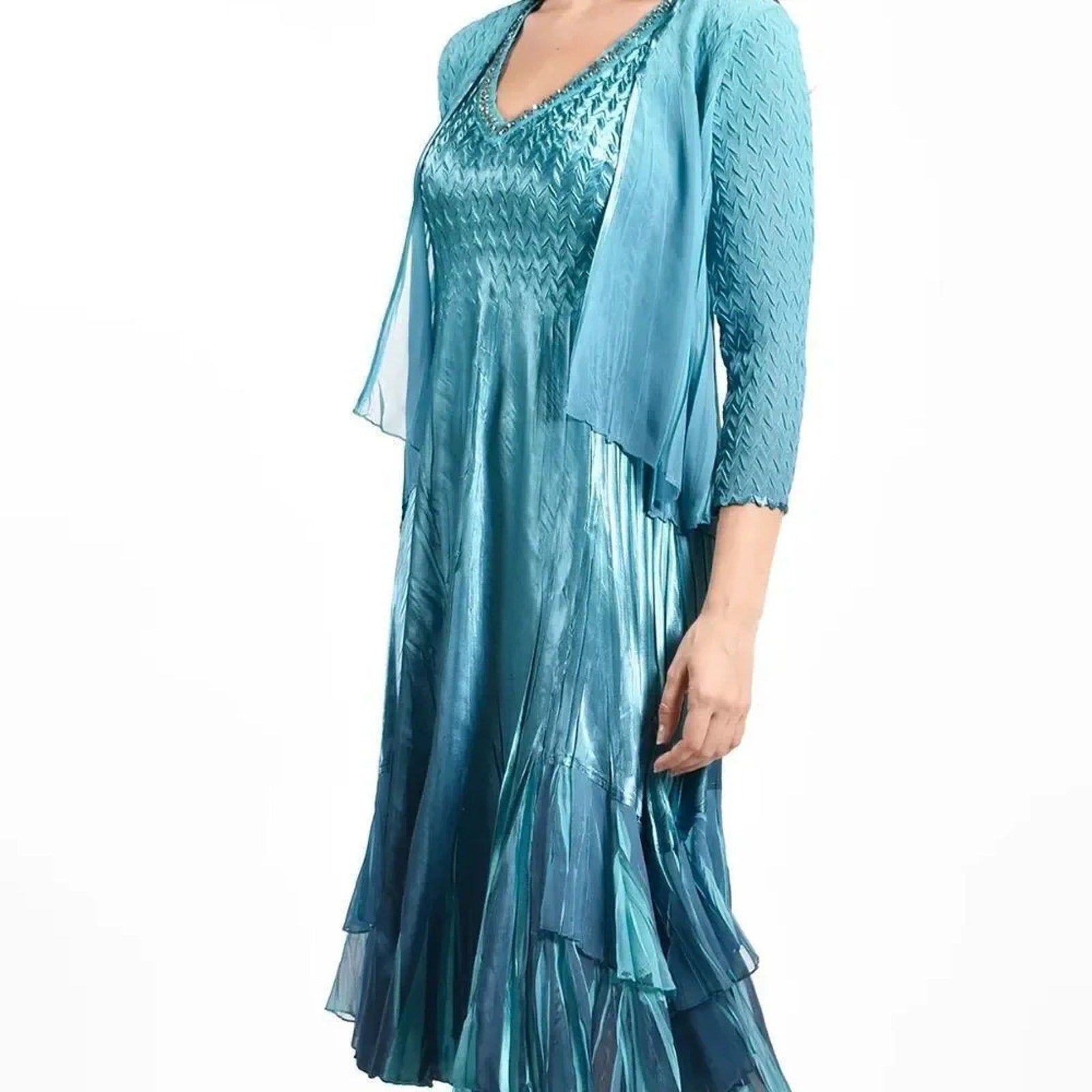 NWT Komarov Blue Ombre Beaded Charmeuse and Chiffon Tier Dress - size Small