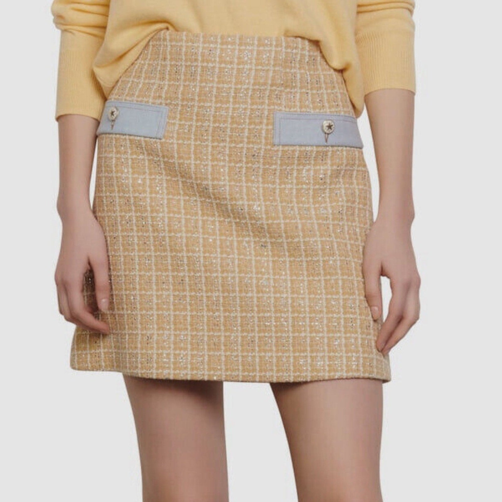 Sandro Women Beige Tweed High Waist Metallic A-Line Mini Short Skirt - size 0
