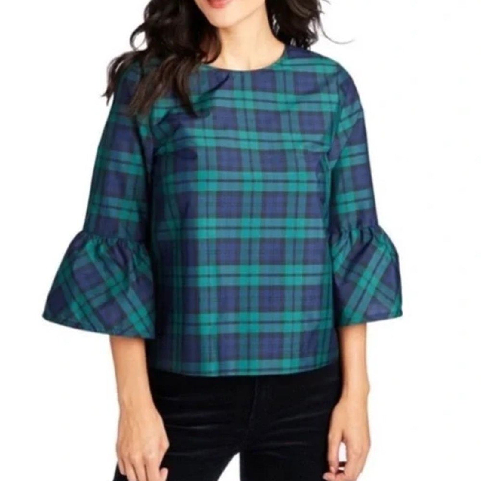 EUC Vineyard Vines Plaid Blouse Bell Sleeve Navy/Green - size 4