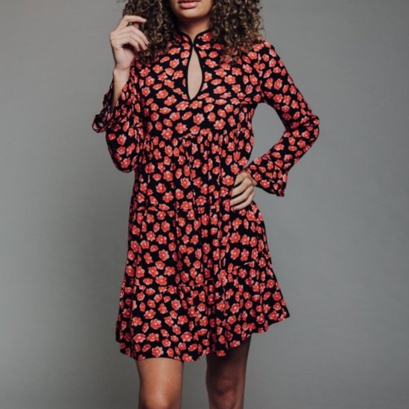 Ganni S Lindale Red Floral Crepe Mini Dress - size 34