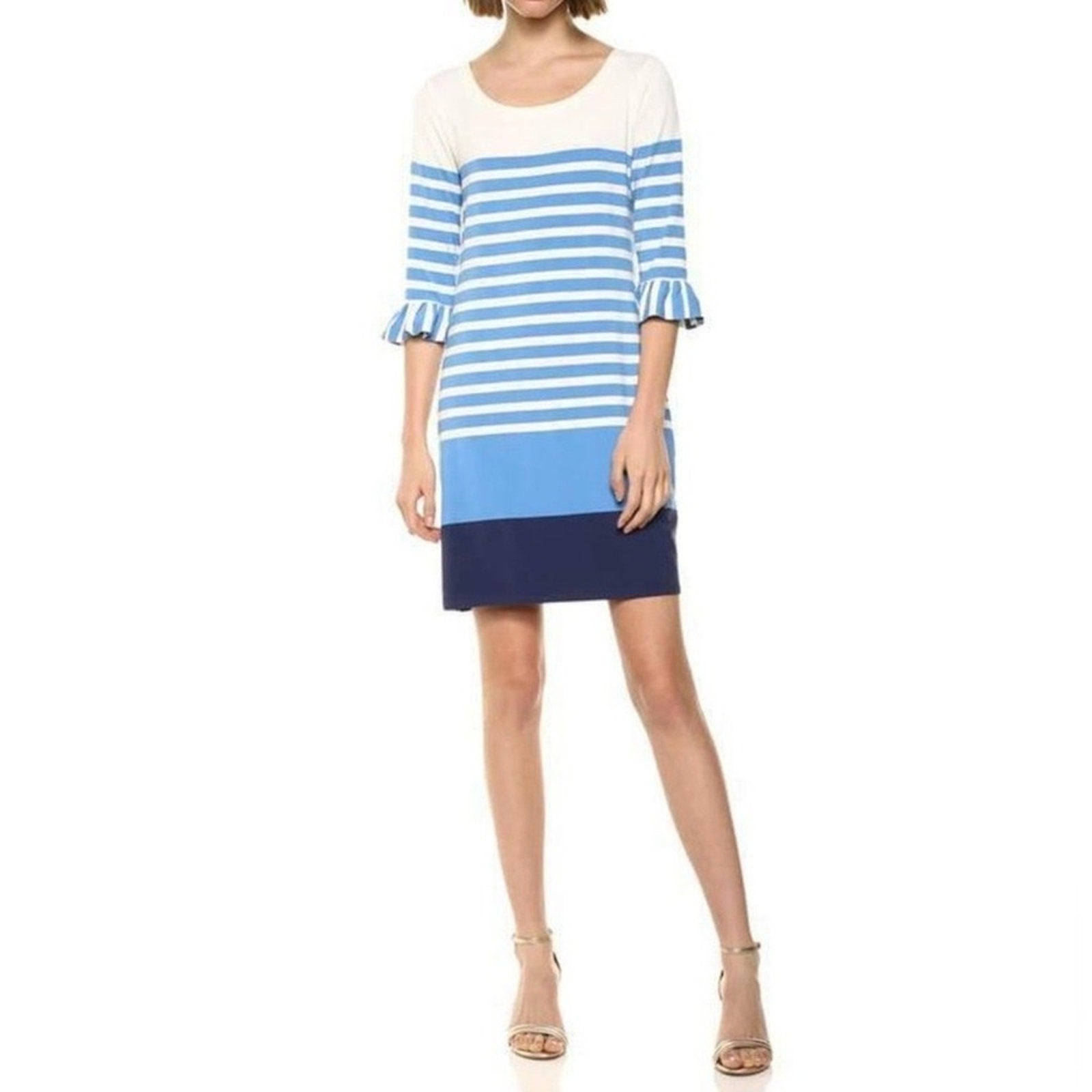 Lilly Pulitzer Sophie Blue Striped Ruffle Bell Sleeve Knit Dress - size XS