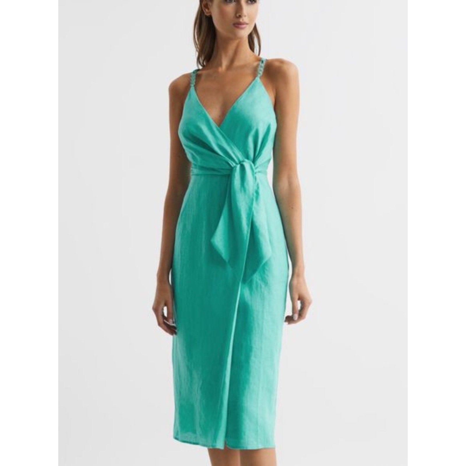 REISS Esme Linen Side Tie Midi Dress - size 8