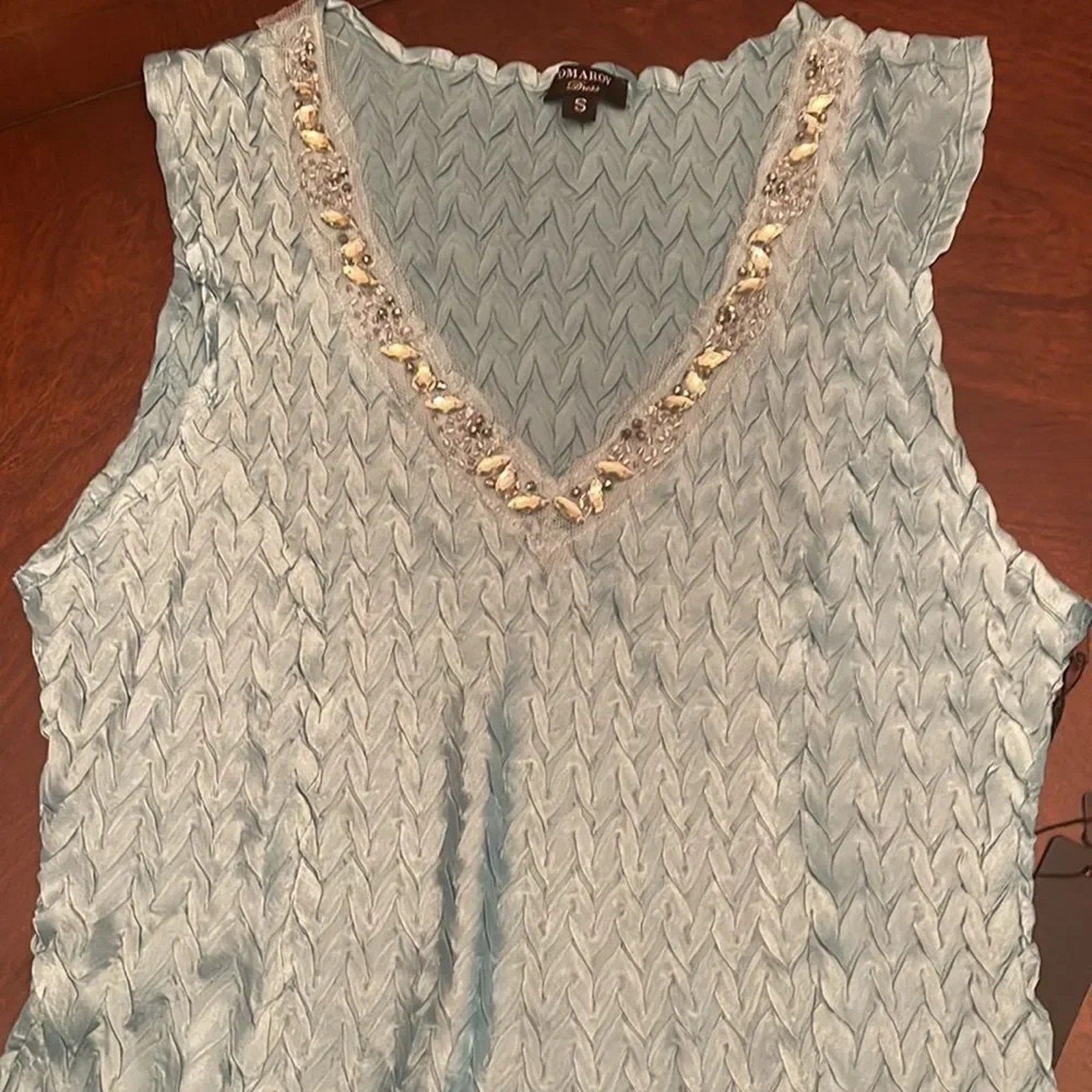 NWT Komarov Blue Ombre Beaded Charmeuse and Chiffon Tier Dress - size Small